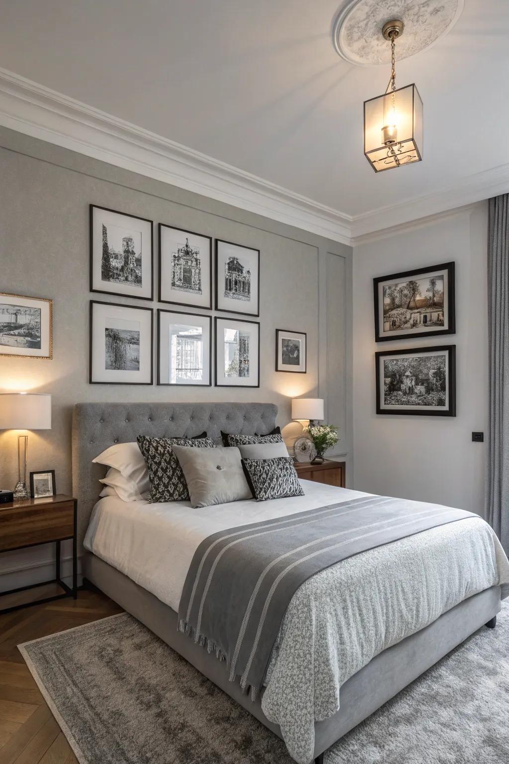 Monochrome art enhances the elegance of this grey bedroom.