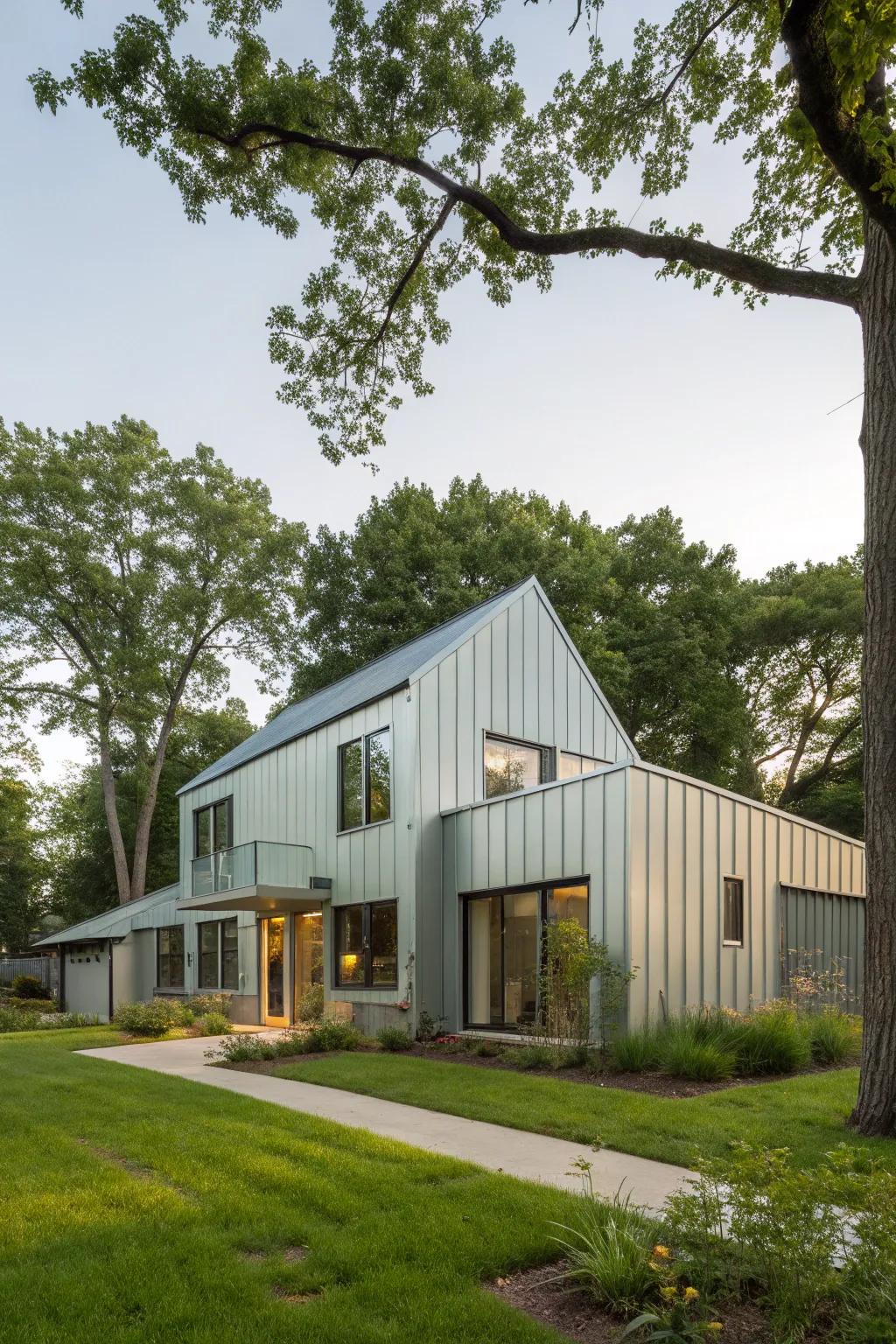 An eco-friendly home enhanced with sustainable metal cladding, harmonizing with its green surroundings.