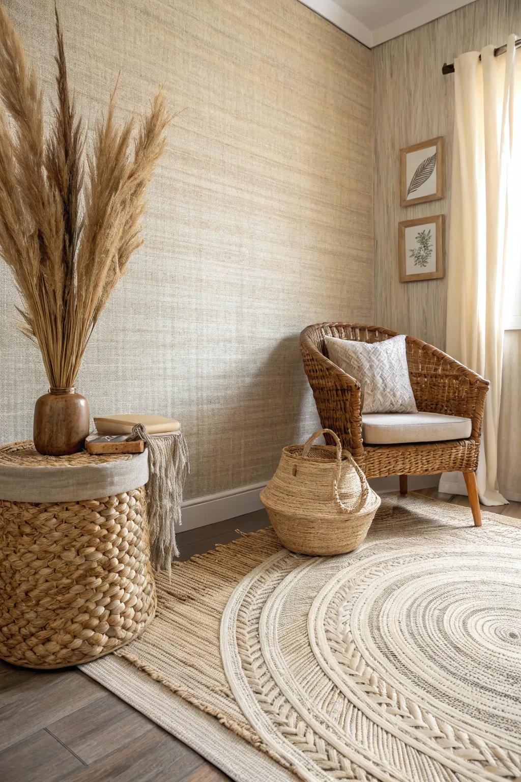 Cozy space featuring textured plant fibers era wall covering.
