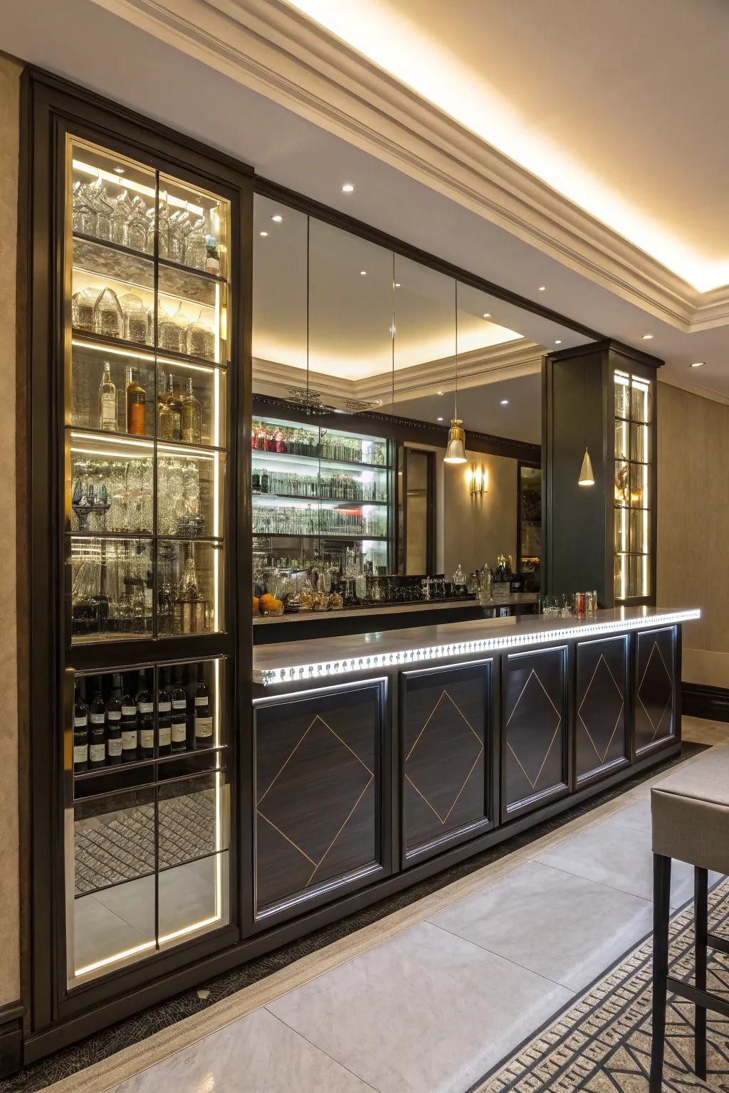 Mirrors enhance the sensation of space and light within a personal bar.