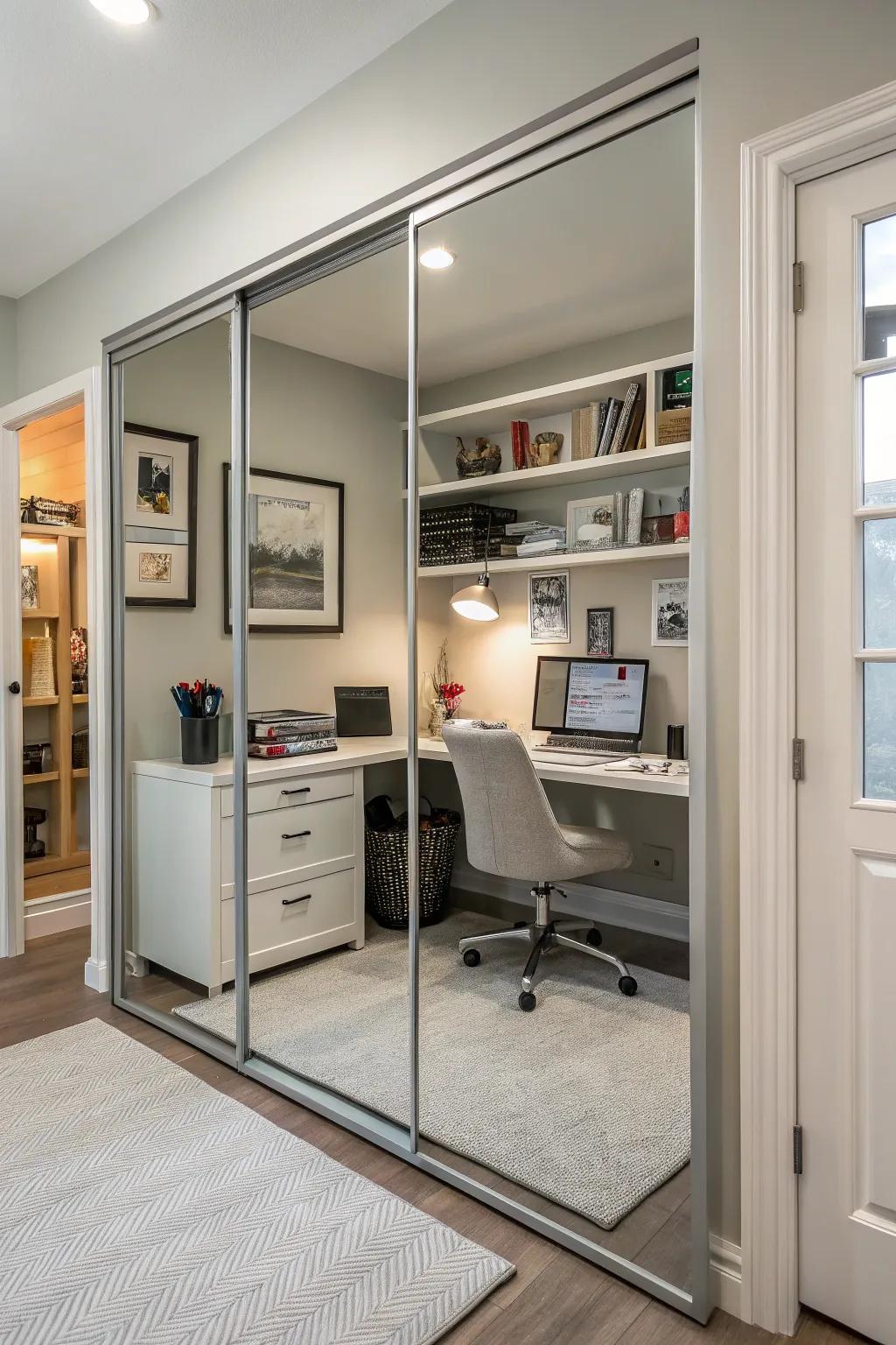 Employ reflective wardrobes to amplify natural luminosity in home offices.