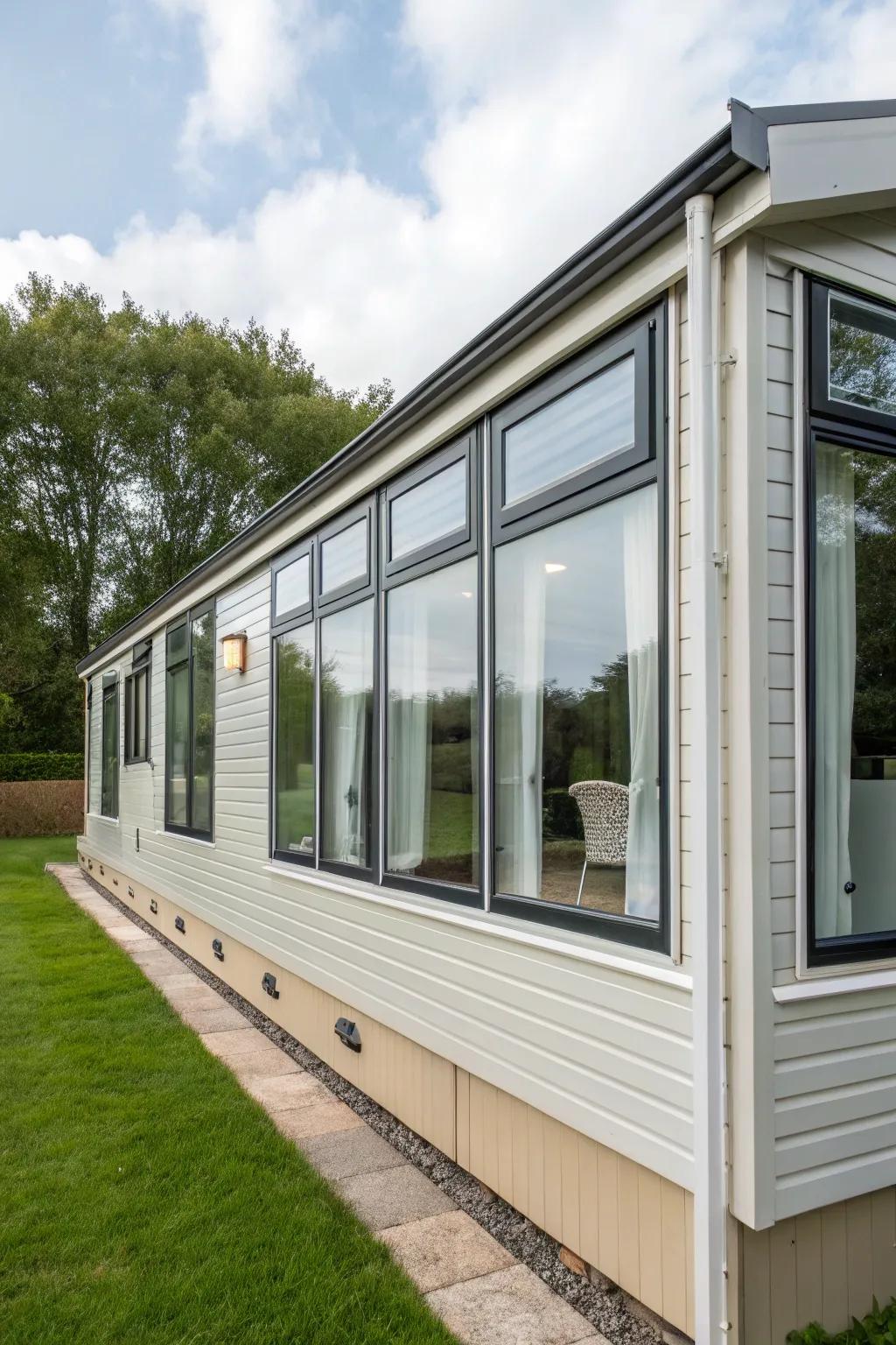 Extended windows improving the natural illumination in a manufactured home.