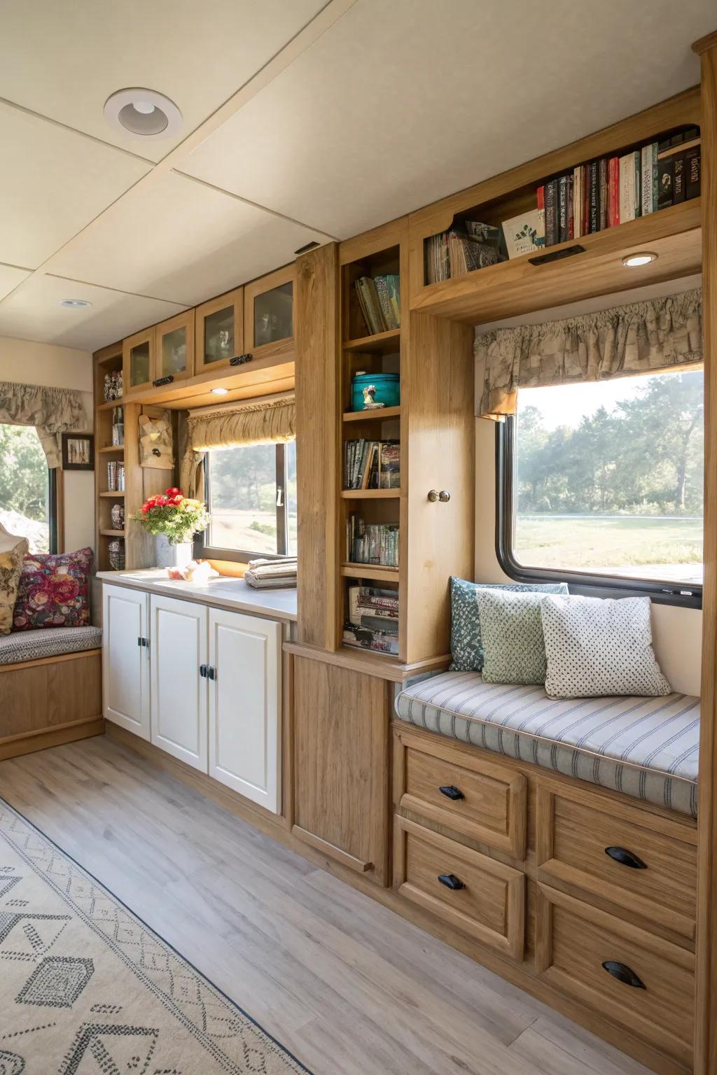 Integrated storage maximizes area and enhances the overall design.
