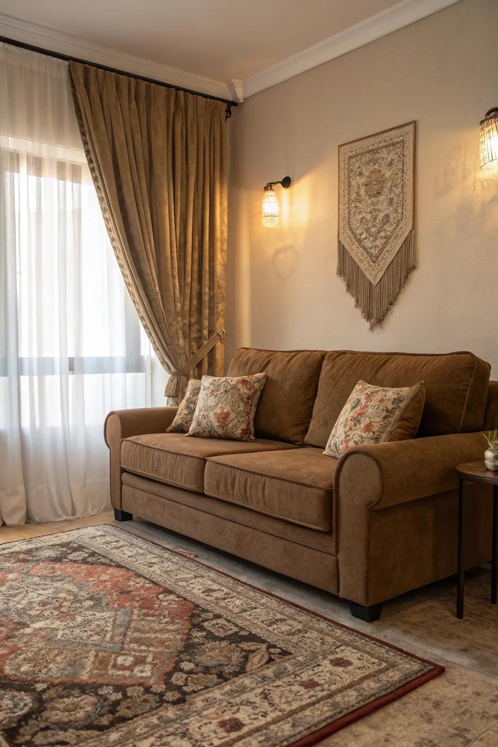 Layered feels infuse dimension and warmth into the cocoa-colored sofa zone.