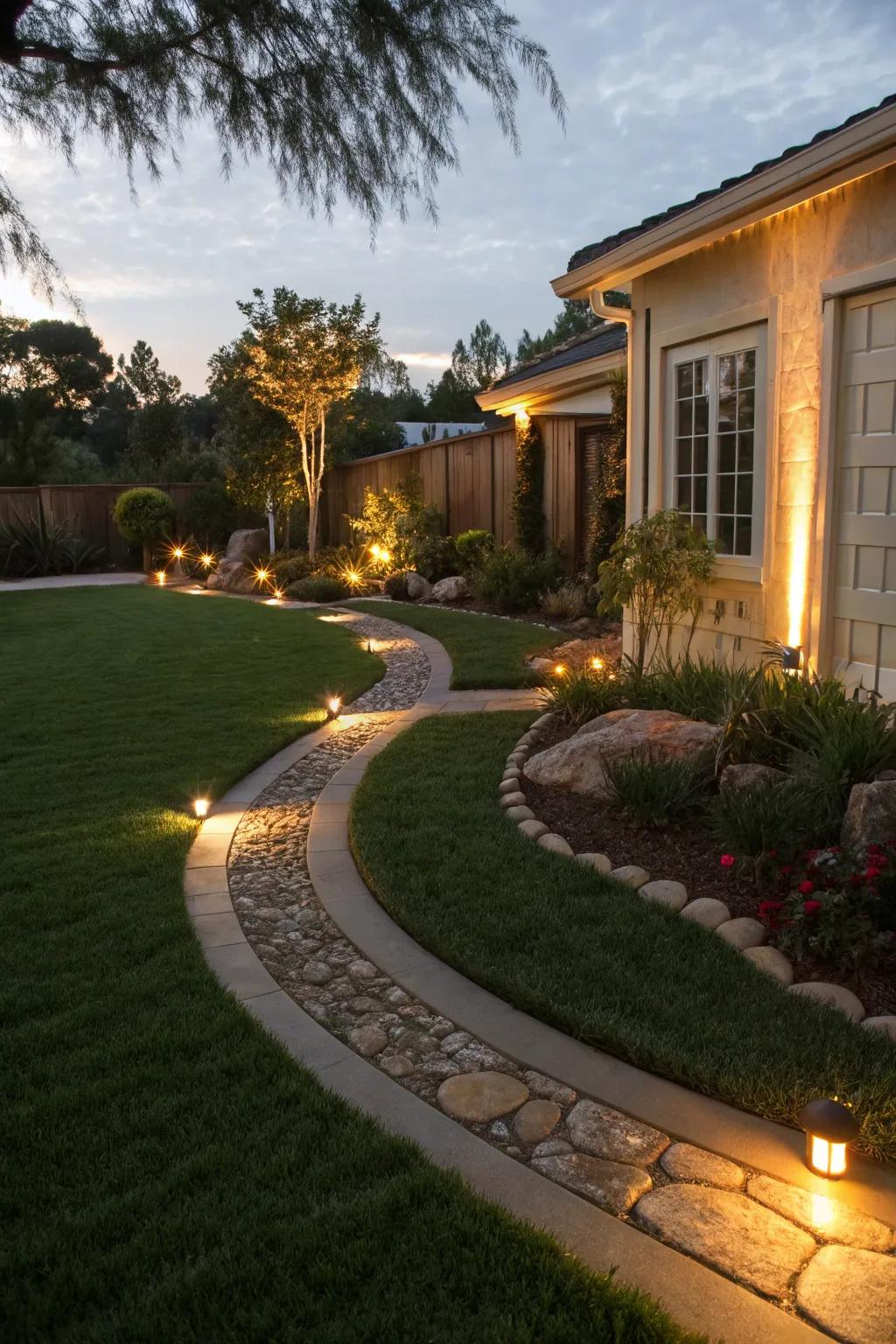 Accent lighting emphasizes the elegance of the artificial grass during nighttime.