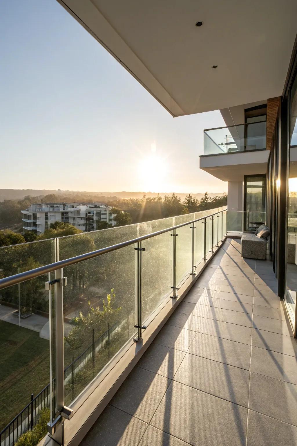 Modern balcony featuring crystal window unit railings and sunlight penetration