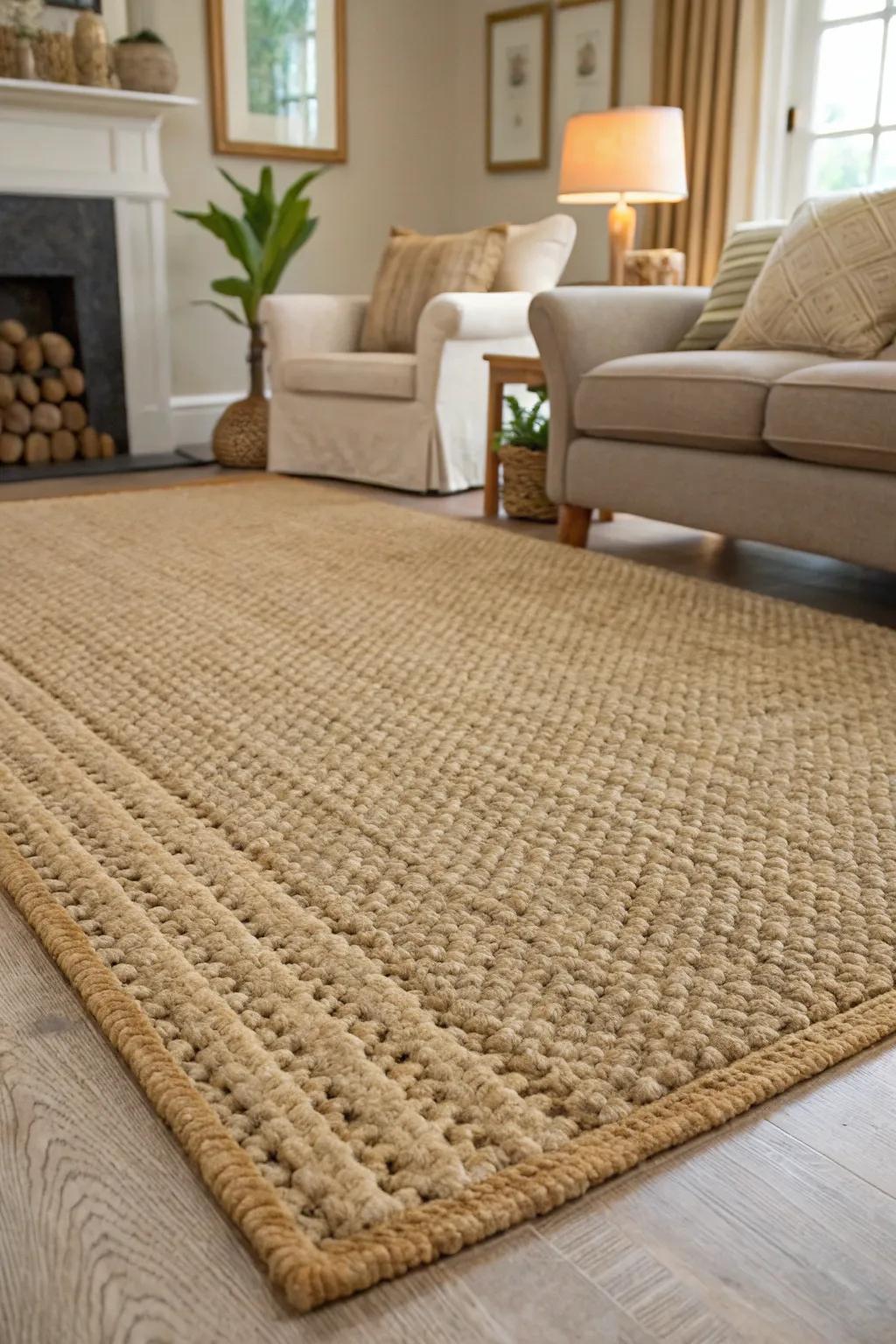 A lounge featuring a floor covering crafted from organic fibers, providing a sustainable decor choice