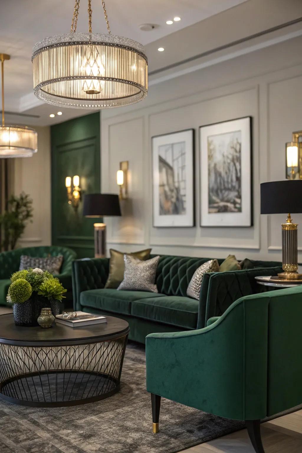 Modern illumination enhances the atmosphere of an emerald living space.