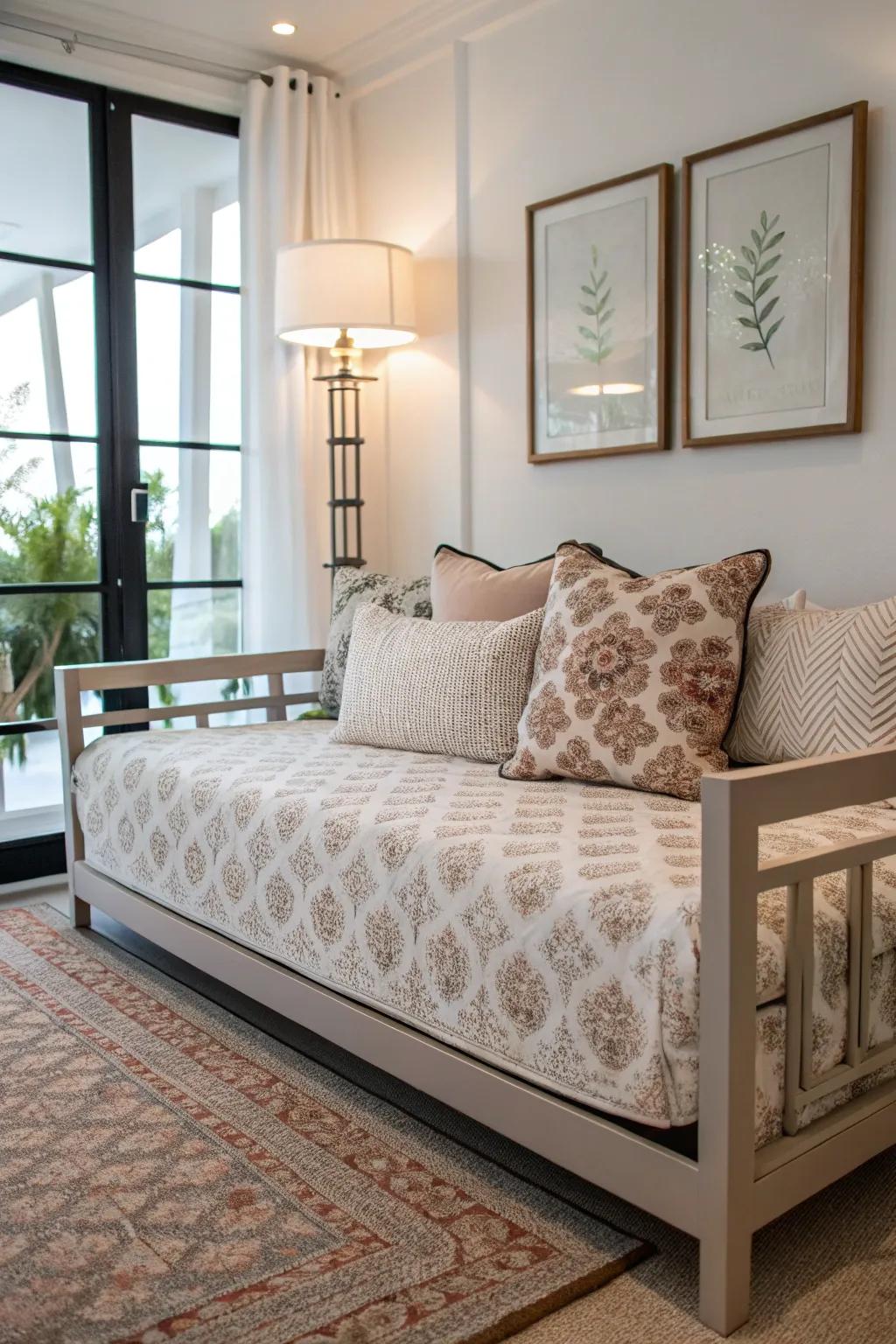Subtle patterns on bedding add elegance to a modern daybed.