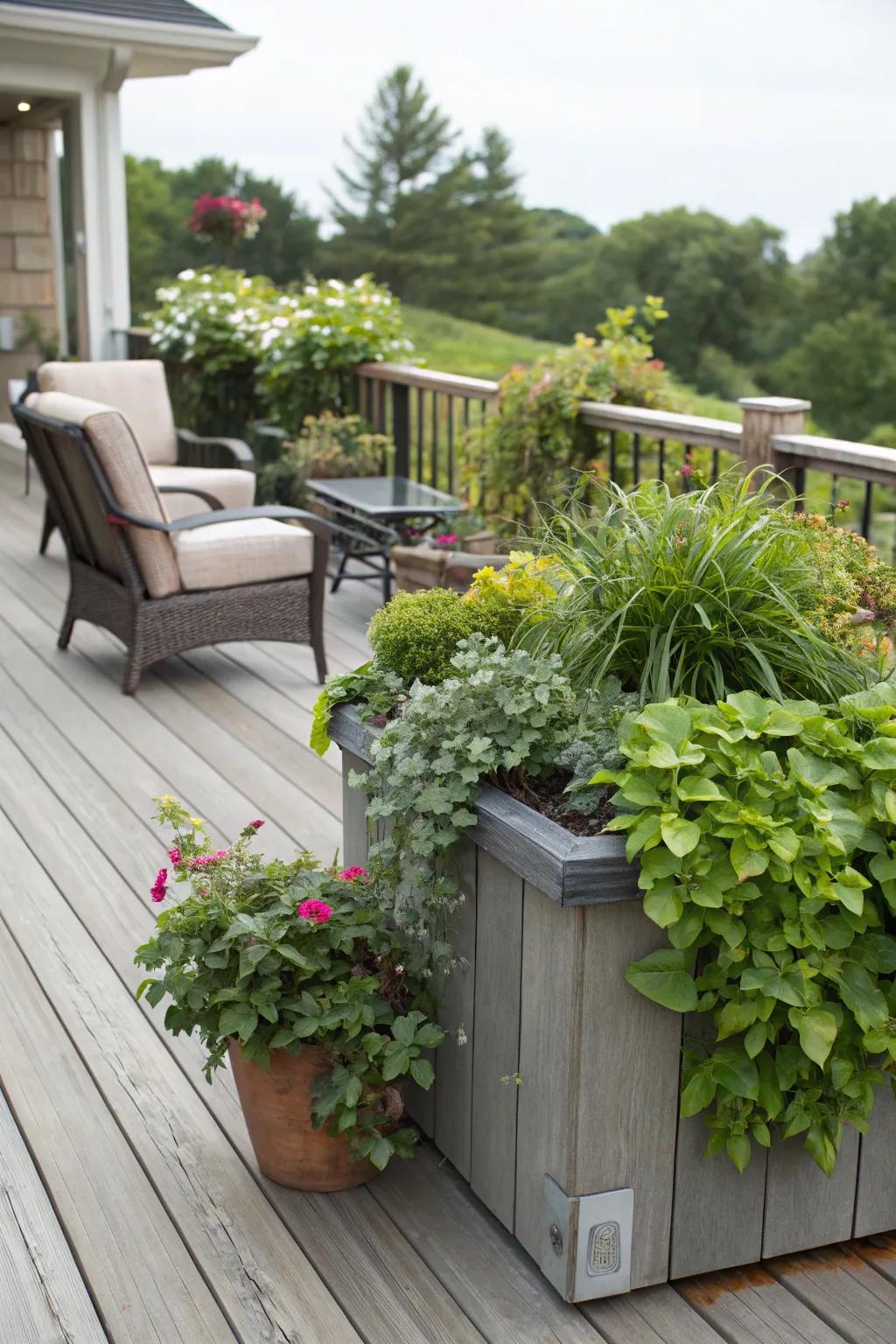 A deck design that features lush greenery through built-in planters.