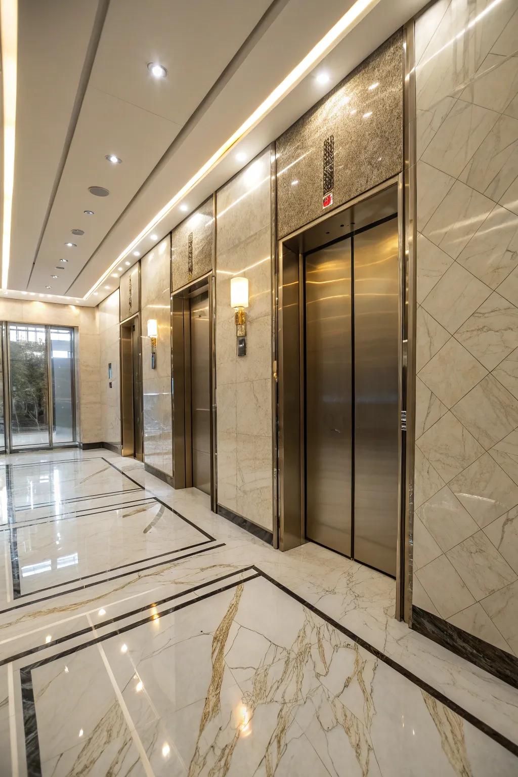 An elevator interior presenting elegant stone base for a deluxe sensation.