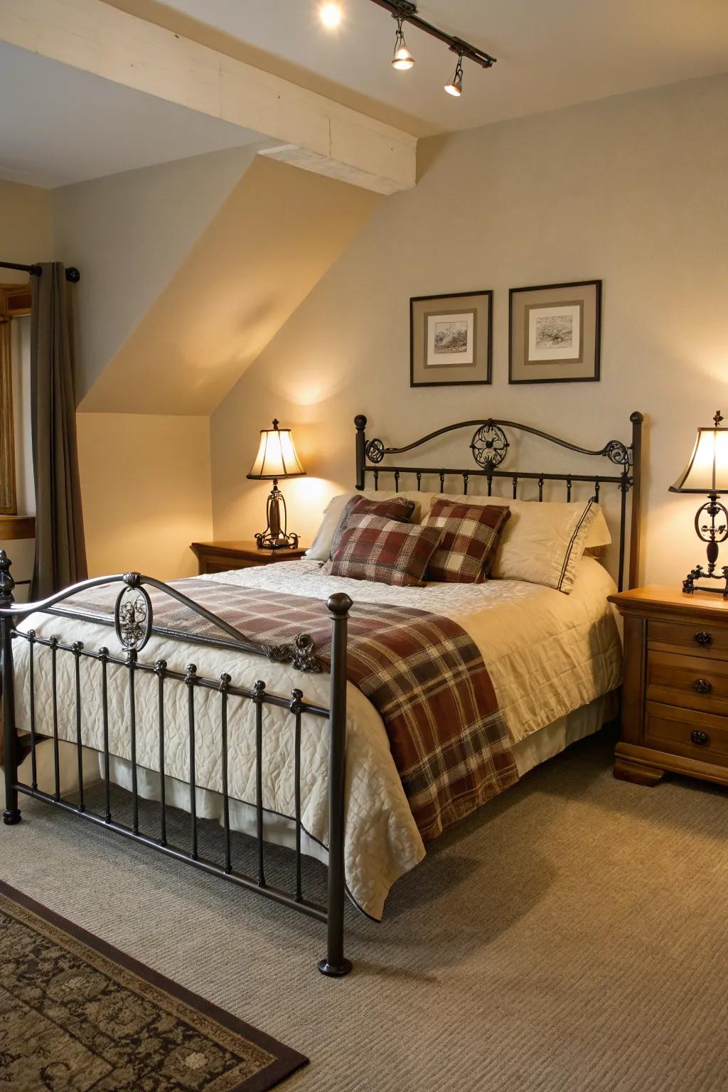 A metal bedstead enhances the farmhouse appeal in this guest bedroom.