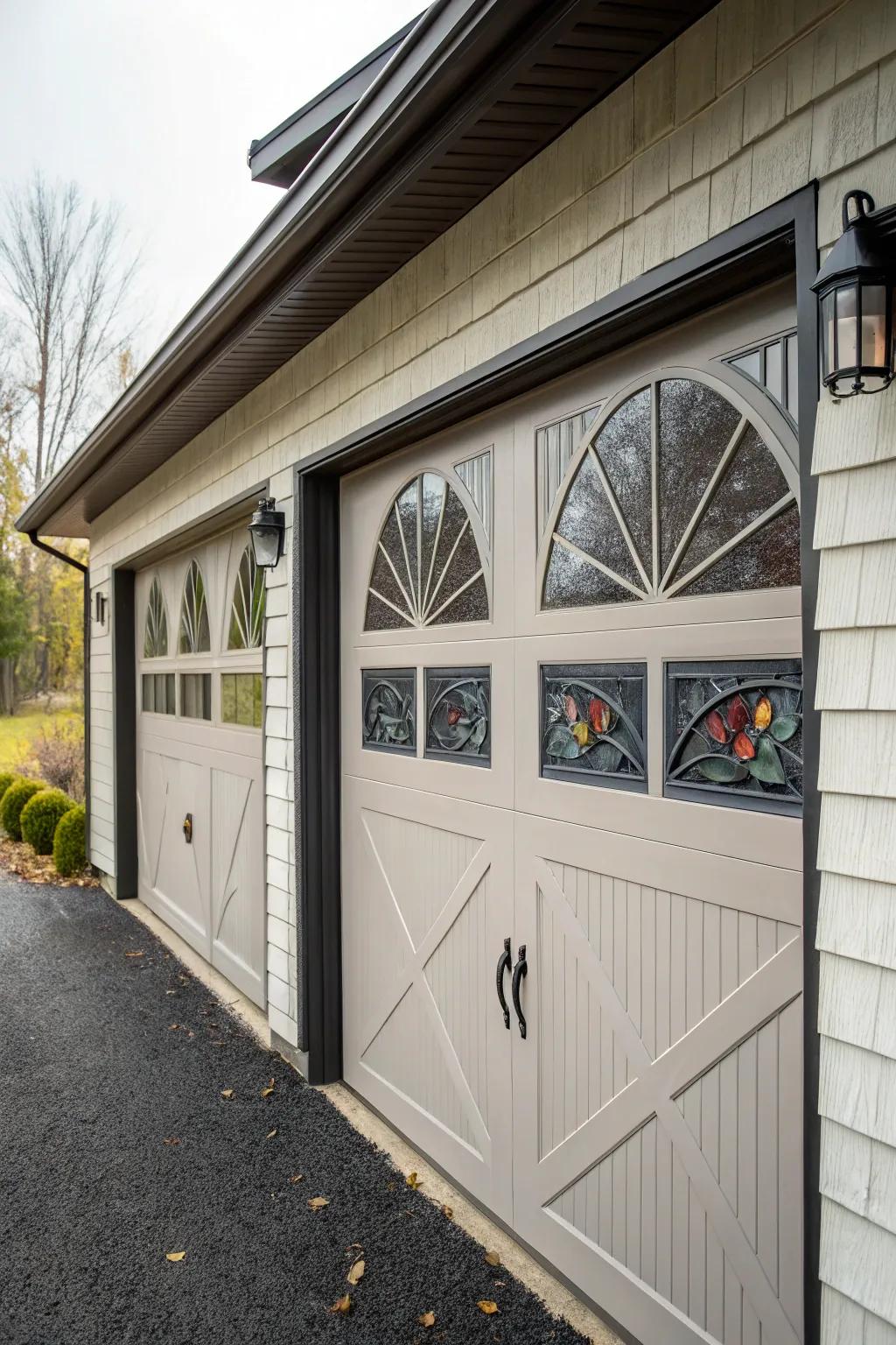 Distinct illumination creates architectural intrigue for garage entryways.
