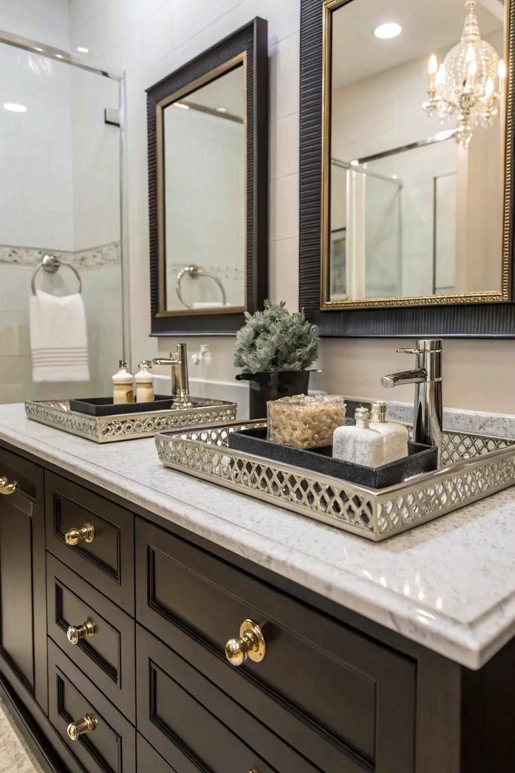 A posh vanity space with refined hardware and chic baubles.