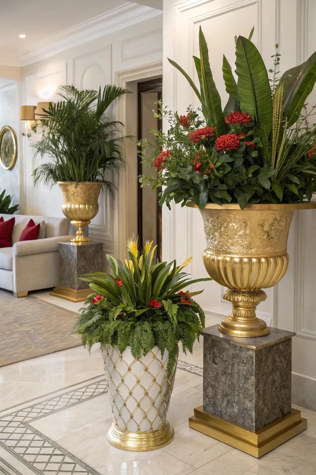 Nature aligns with luxury through plants in metallic pots.