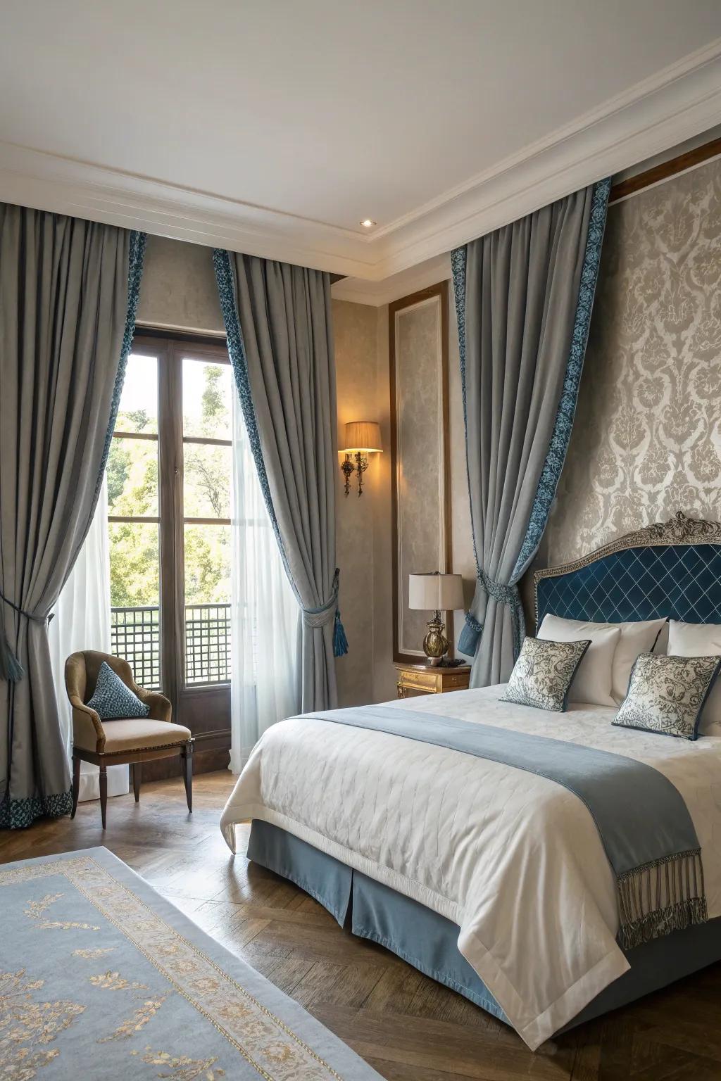 Ash draperies with azure fasteners inject an elegant divergence into your bedroom.