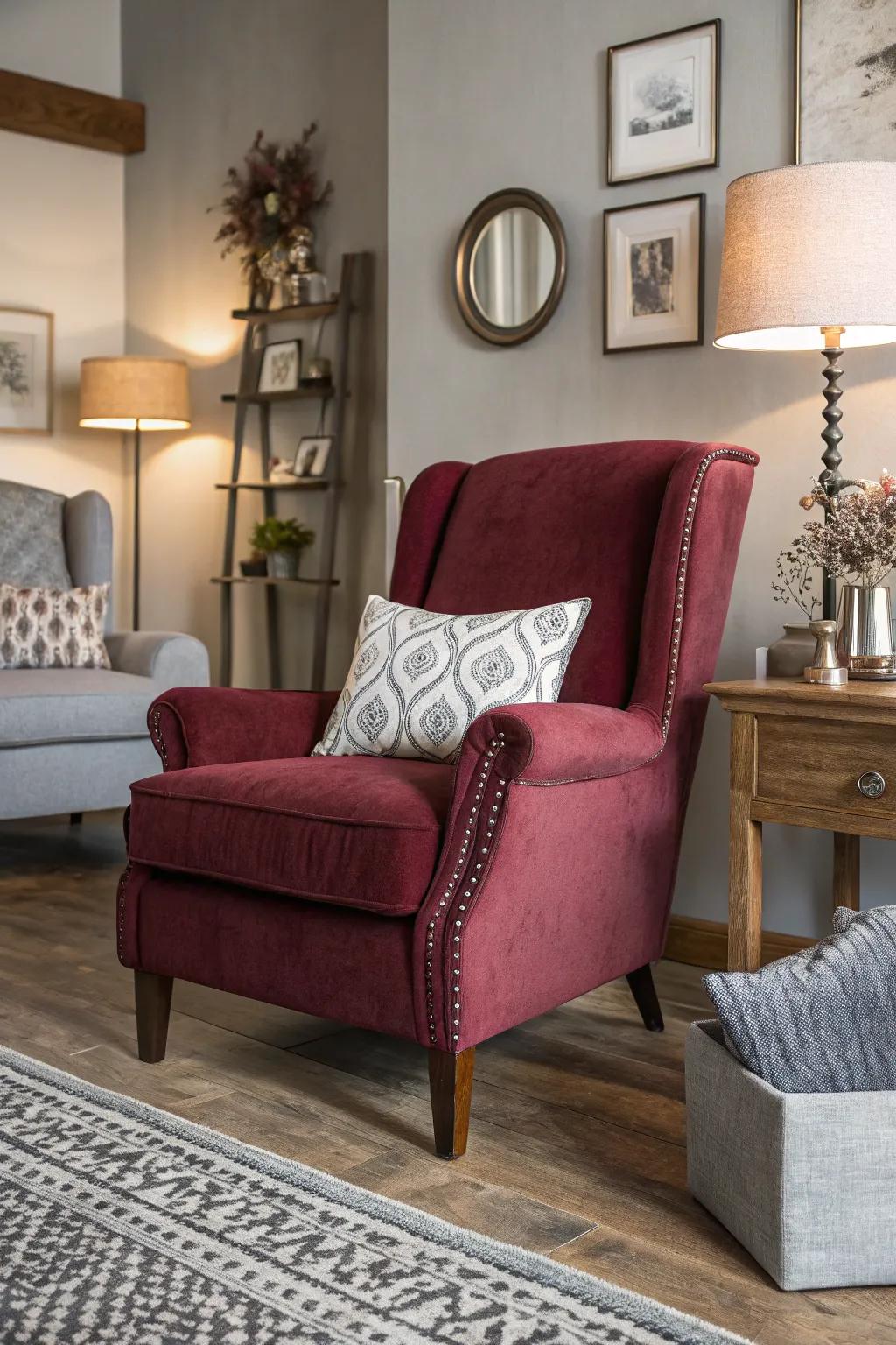 Living area featuring a statement wine seating and slate decor components.