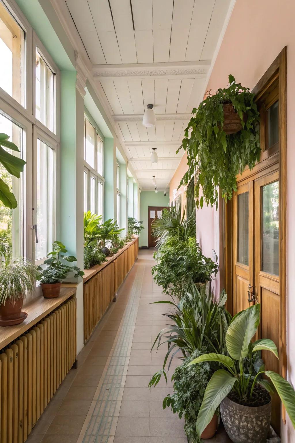 Natural components introduce a refreshing ambiance into the hallway.