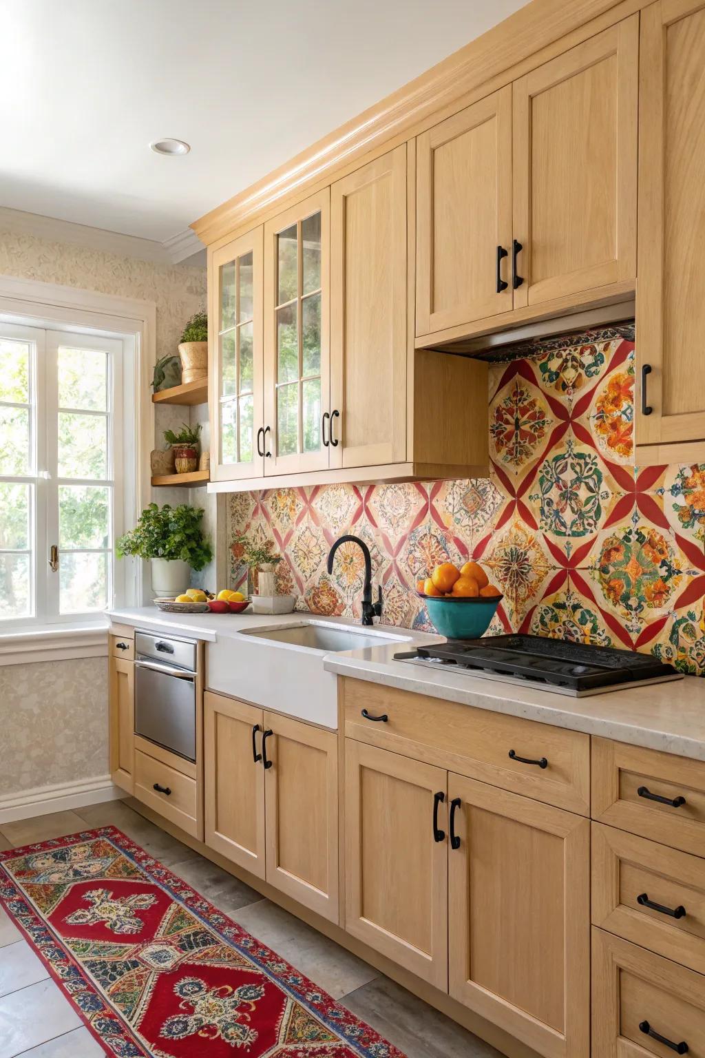 A bold backsplash provides a pop of color that complements cream-colored pecan wood cabinets.