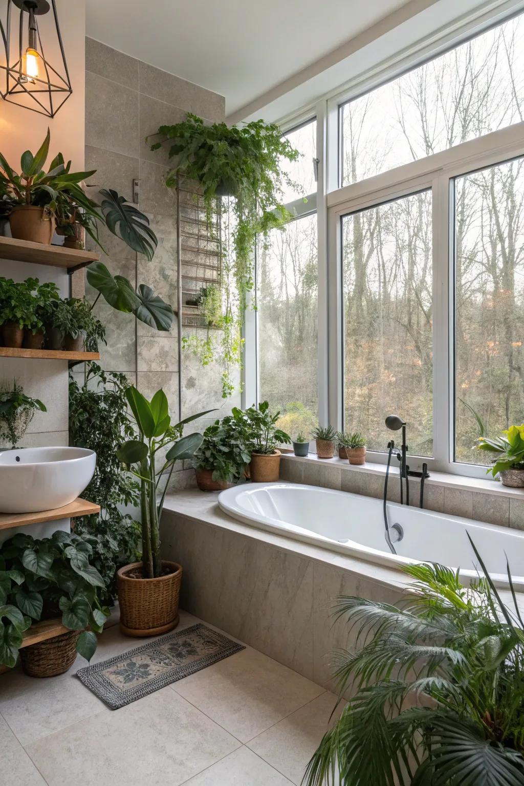 Indoor flora deliver freshness and a natural component to this bathroom.