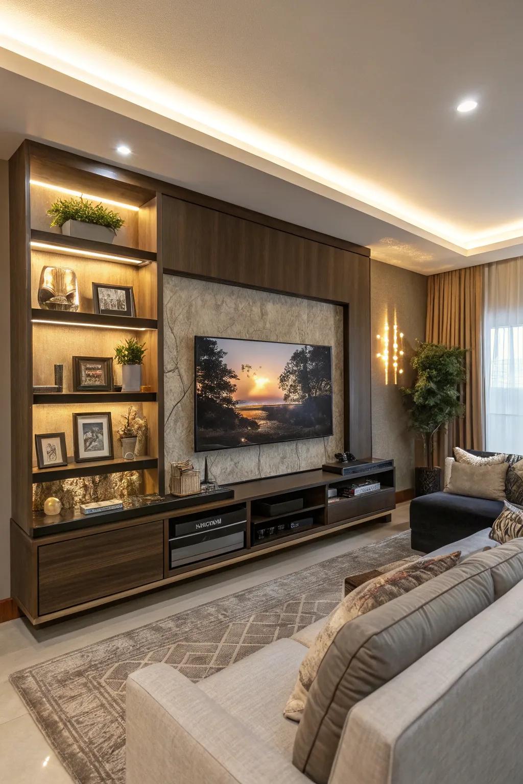 An encased television infuses artistic sophistication into a media wall.