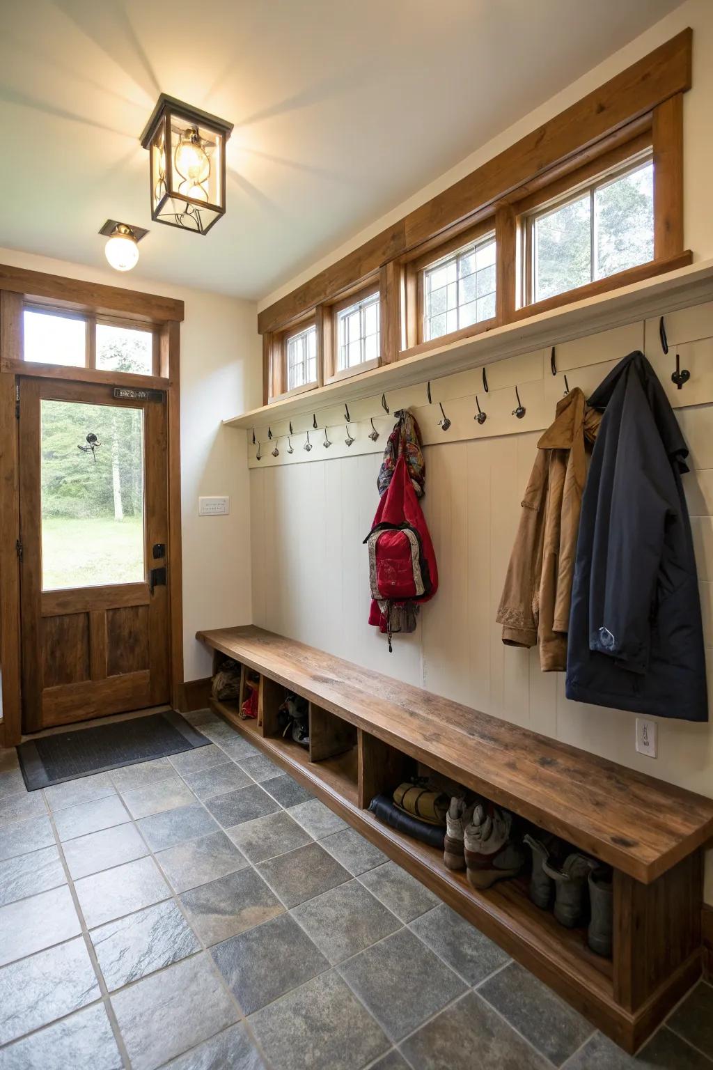 Both sunlight and overhead lighting brighten the mudroom effectively.