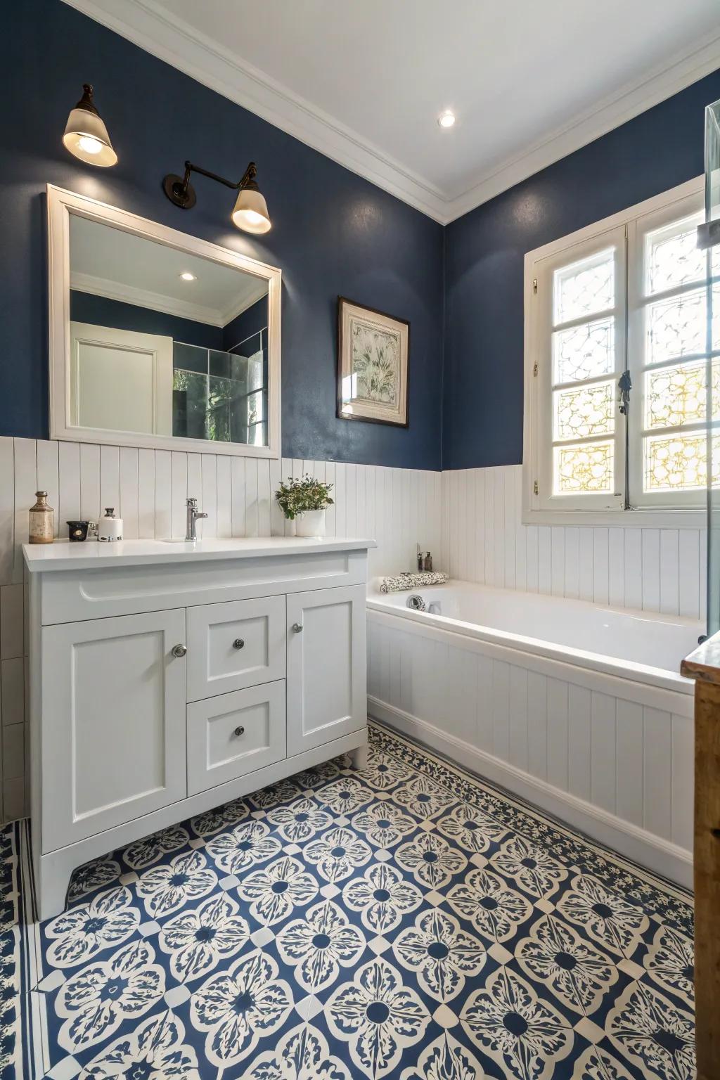 Patterned flooring adds texture to a deep ocean bathroom.