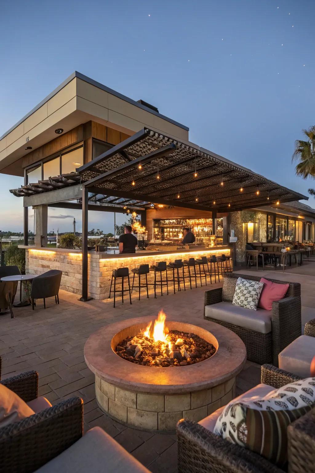 An inviting fire pit enhances the charm of this outdoor bar.