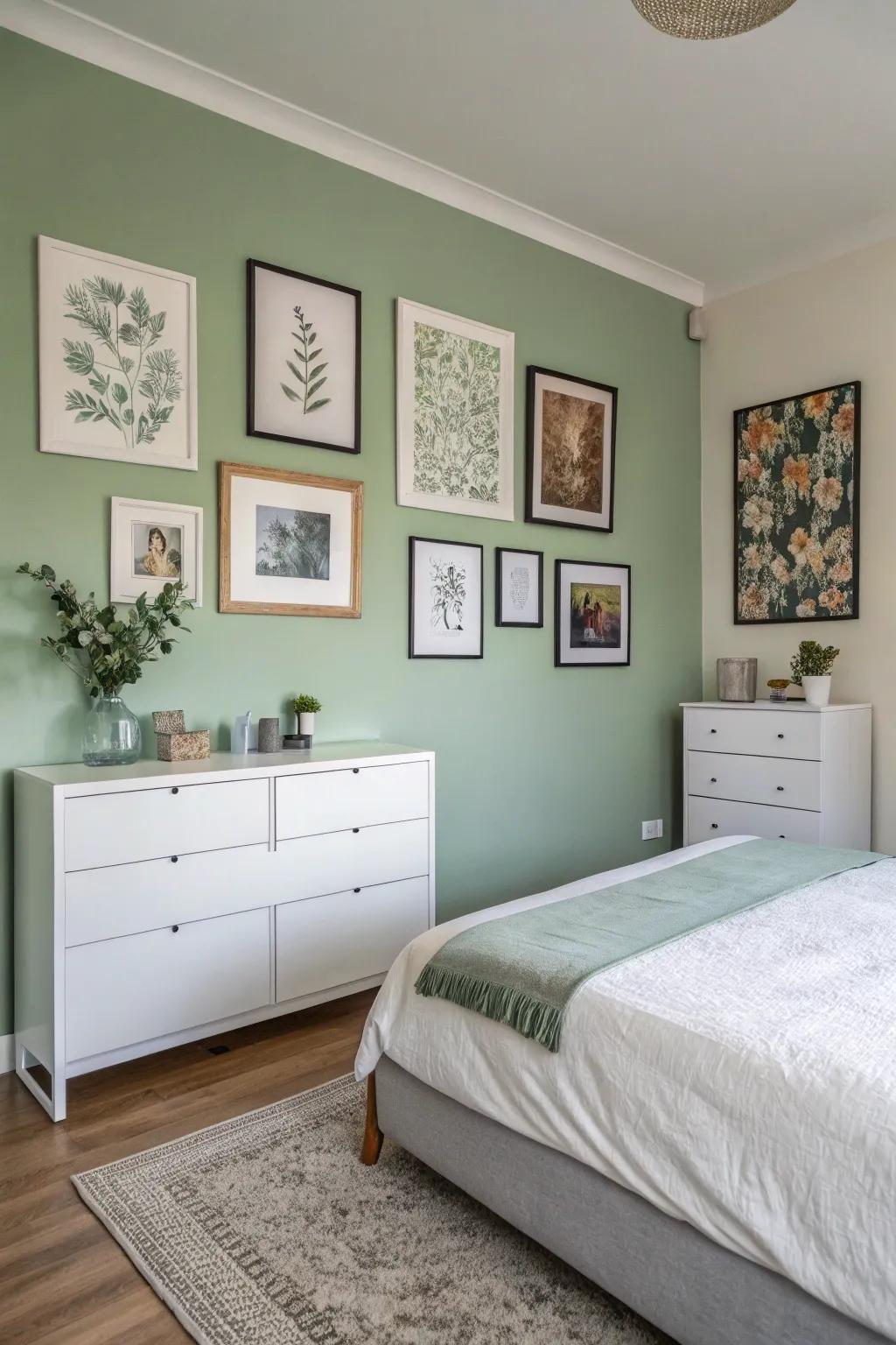 Avocado-toned wall art enhances the room's tranquility and style.