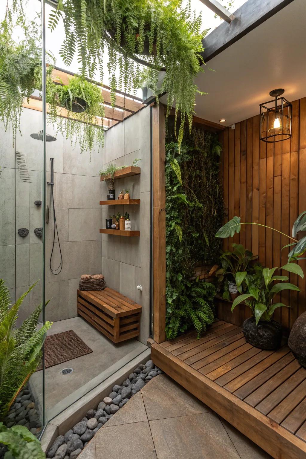 A tranquil bathing space area presenting nature-inspired components like plants and timber.