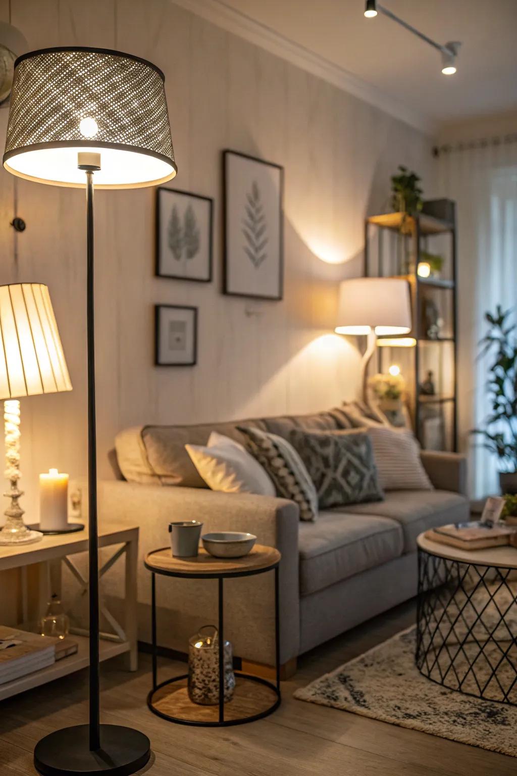 Contemporary lighting devices in a compact gathering spot to fashion ambiance.