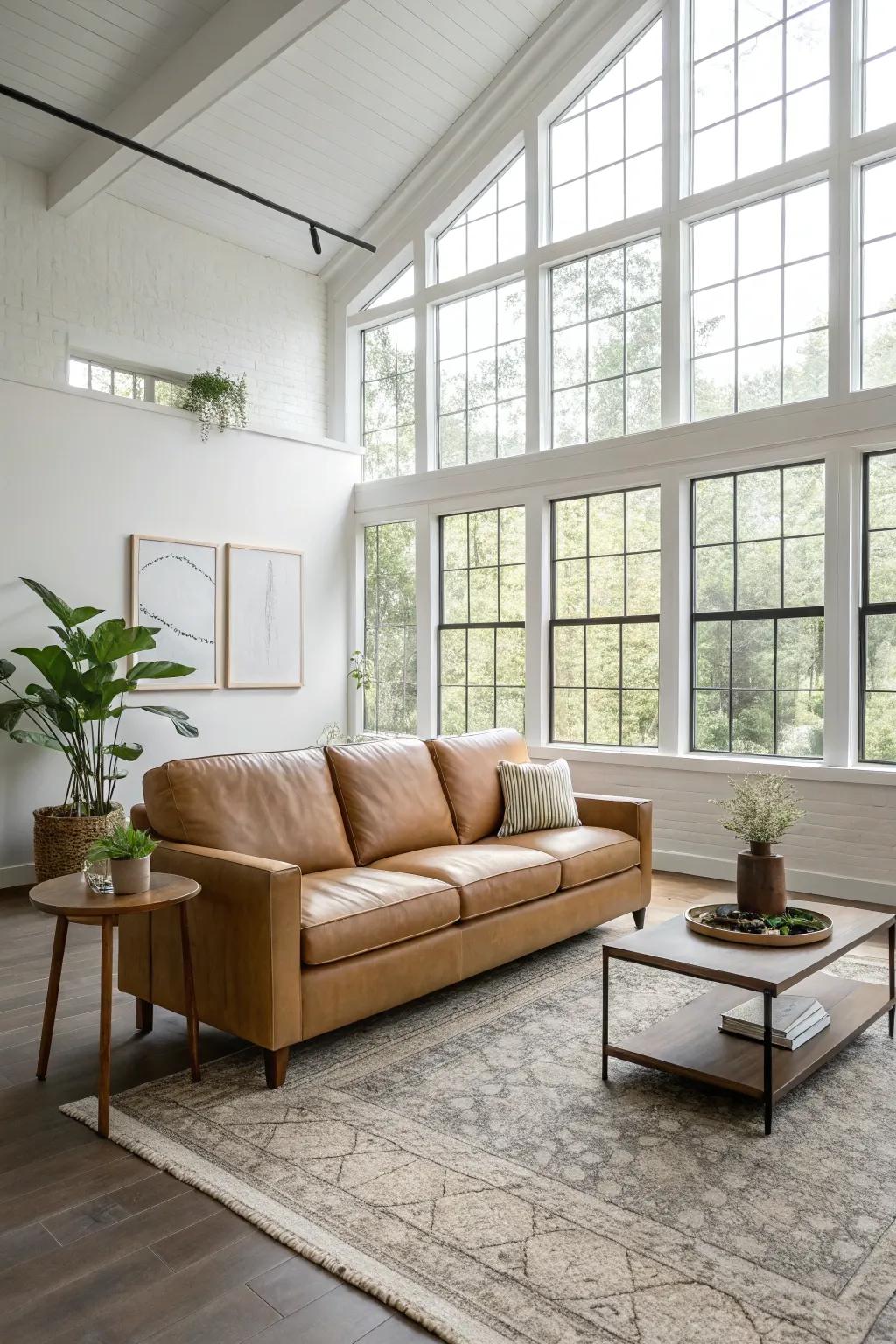 An open arrangement upgrades the appeal of a fawn hide couch.