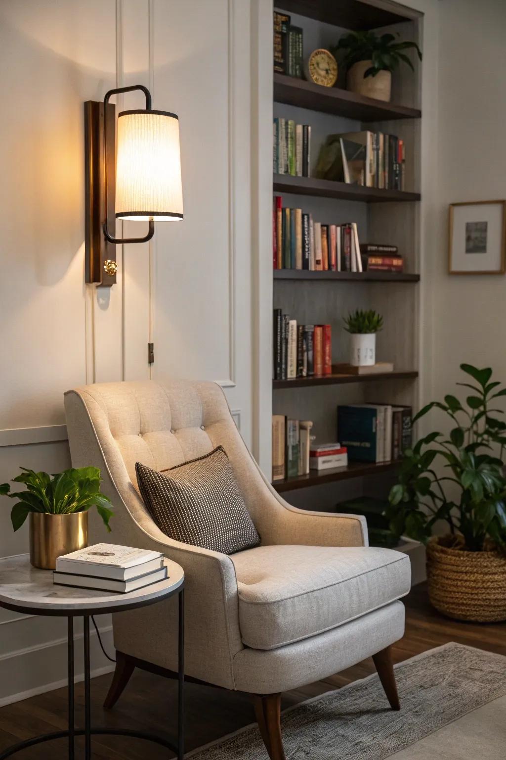 A simple wall light gives light and style to a reading space.