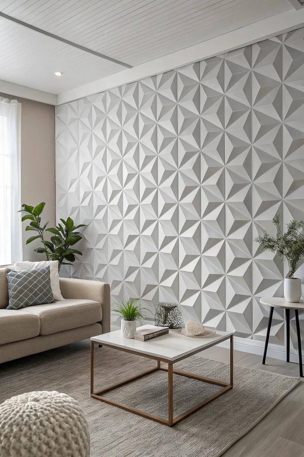 Dimension illusion wallcovering adds dimension to a minimalist room.