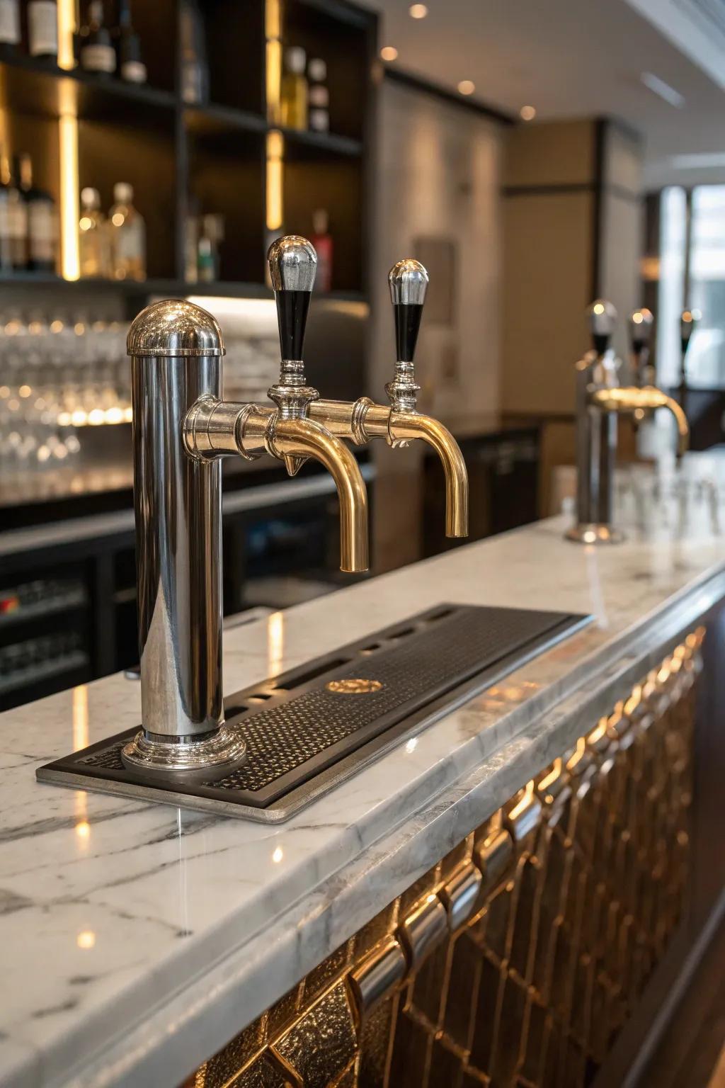 Metallic accents heighten the elegance of a modern home bar.