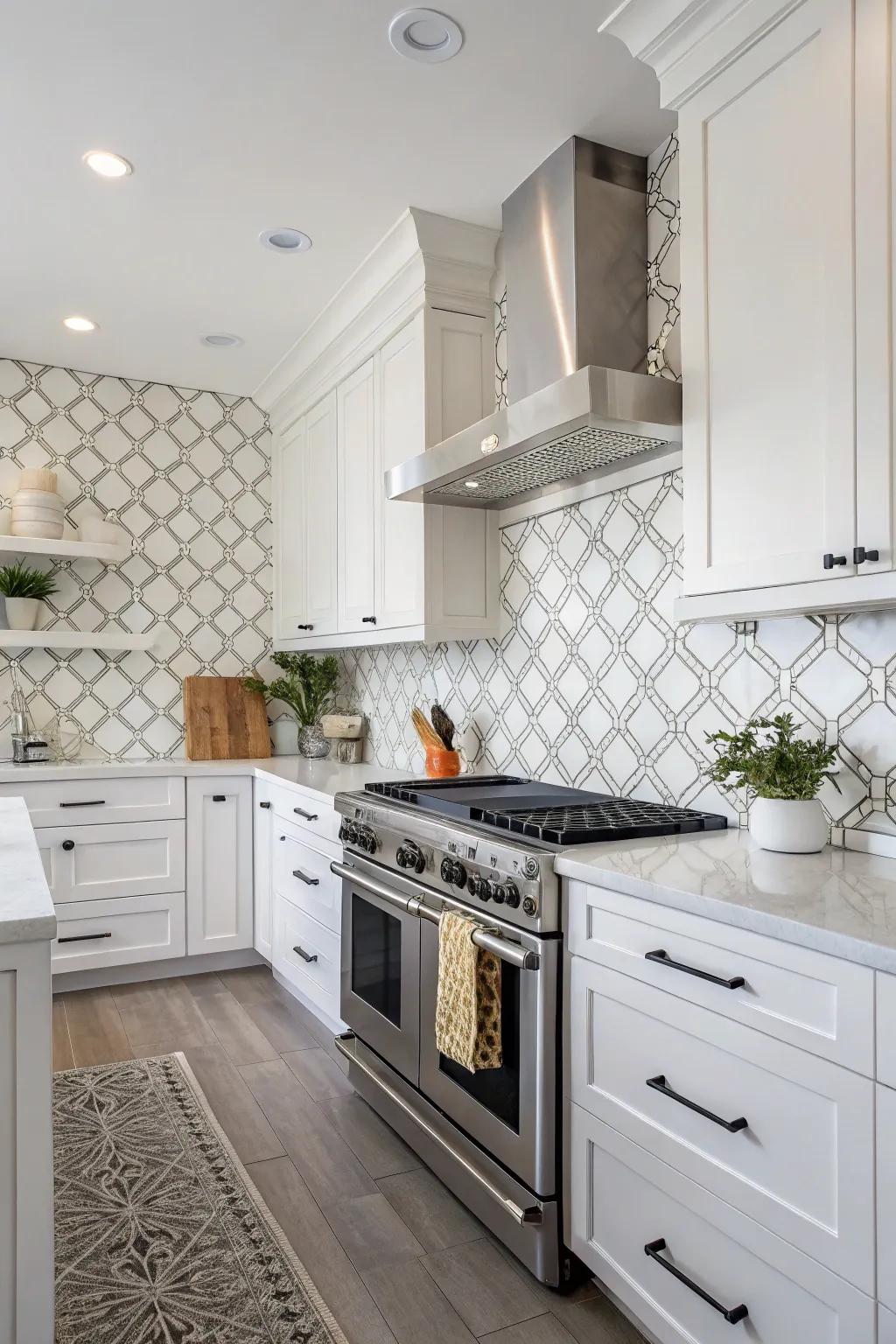 A unique backsplash design provides a touch of creativity.