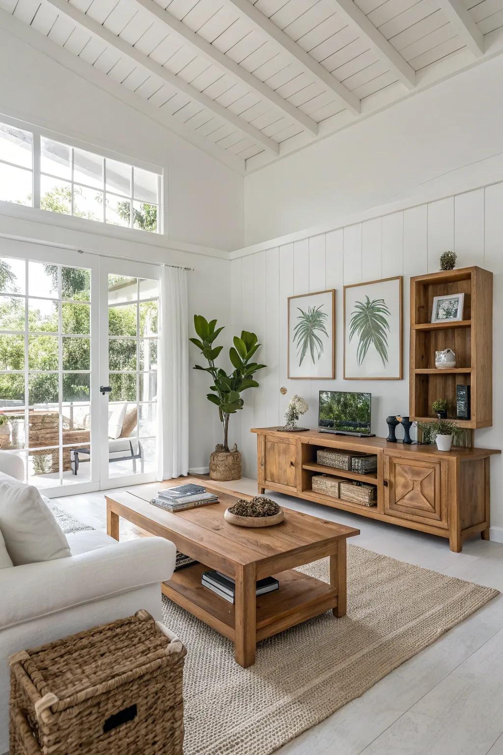 Wooden embellishments contribute warmth to a contemporary white lounge.