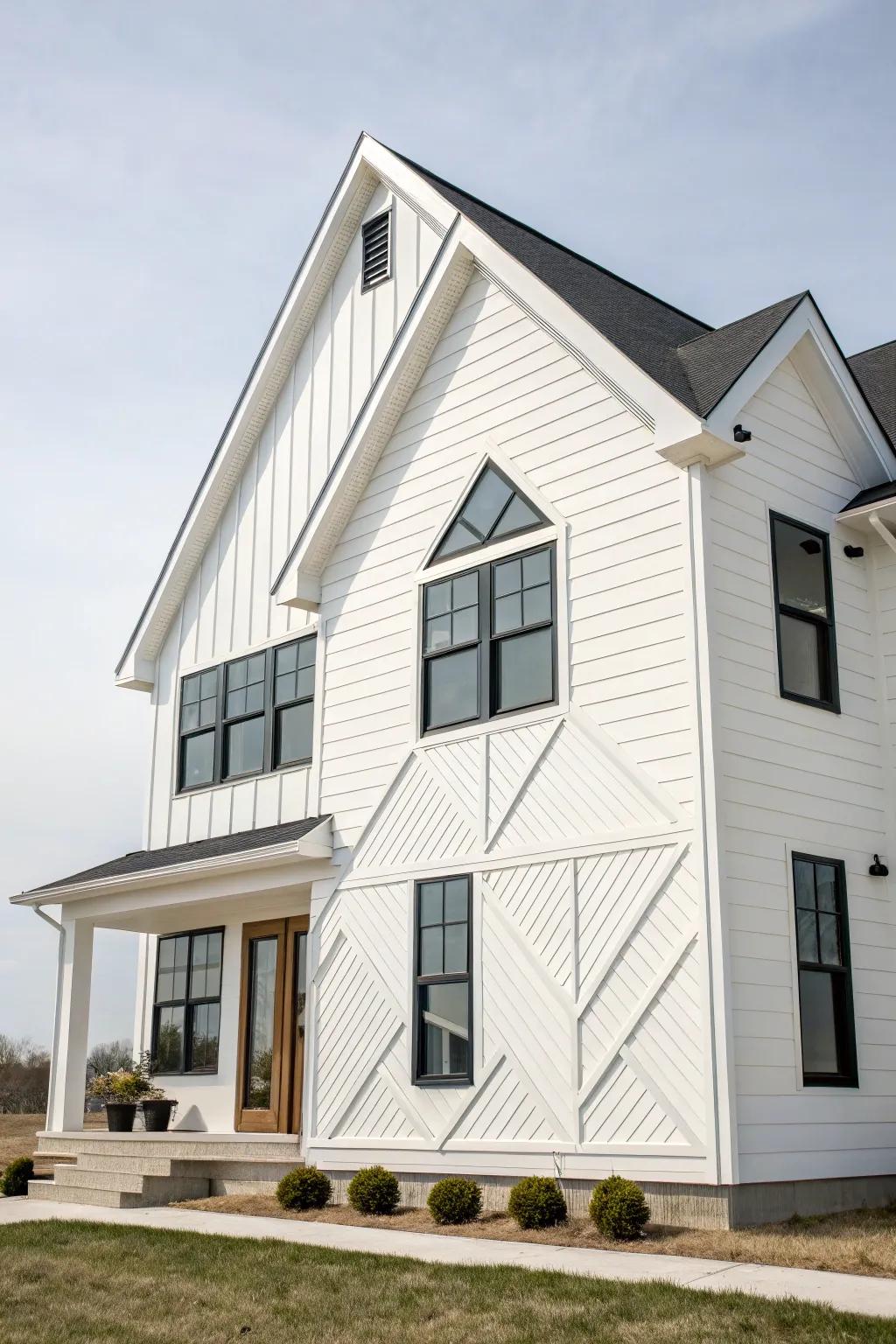 A white house featuring modern geometric items.