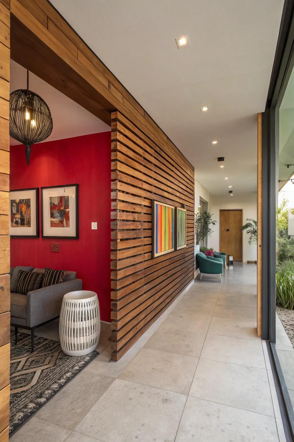 Achieve impact with dynamic color oppositions on your wood slat wall.