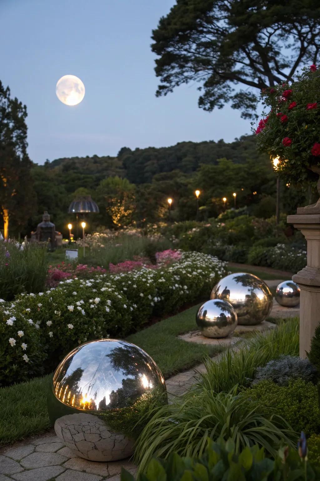Reflective ornaments inject a sense of playful surprise.