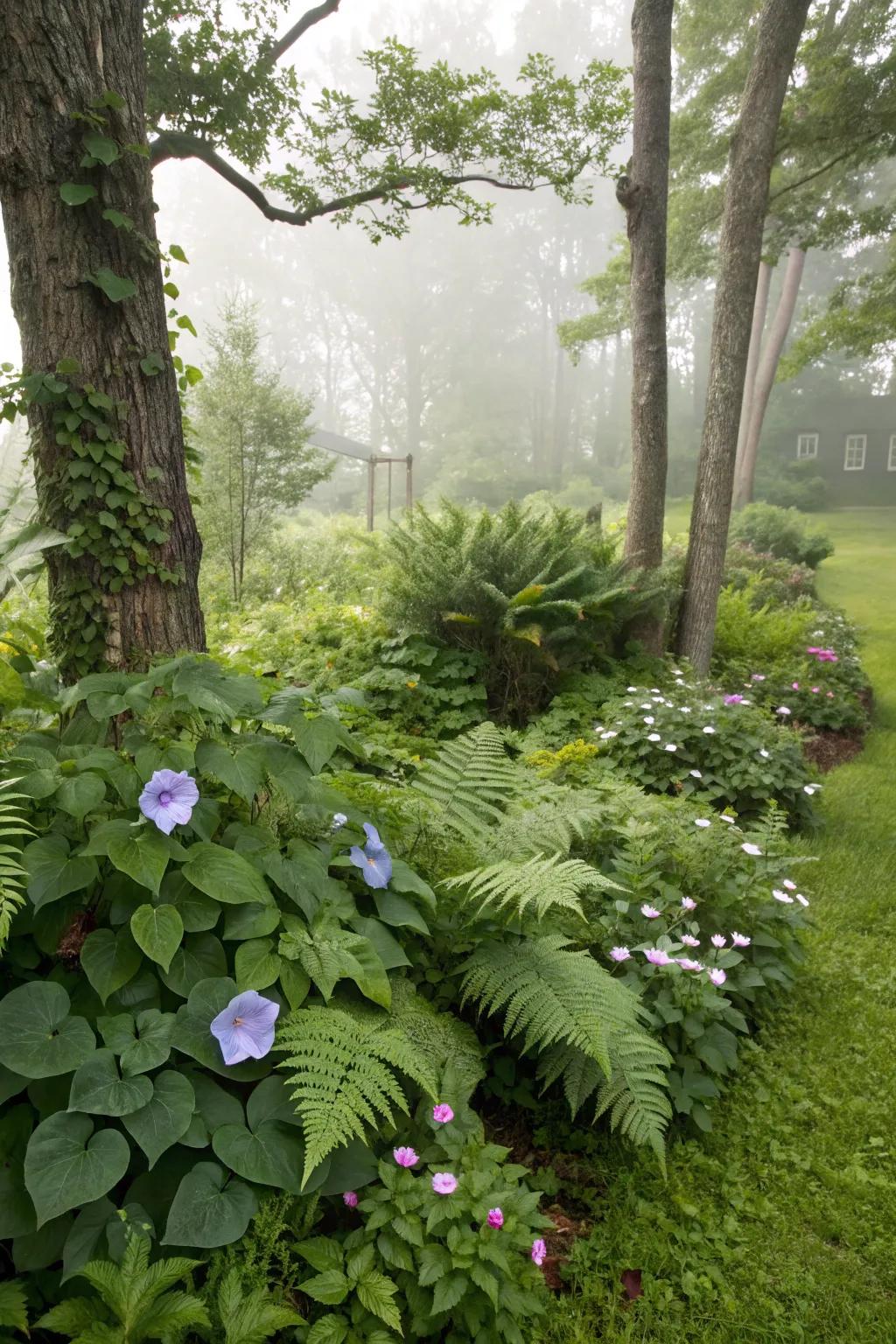 Heavenly trumpets interwoven with ferns and hostas for a lush garden setting.