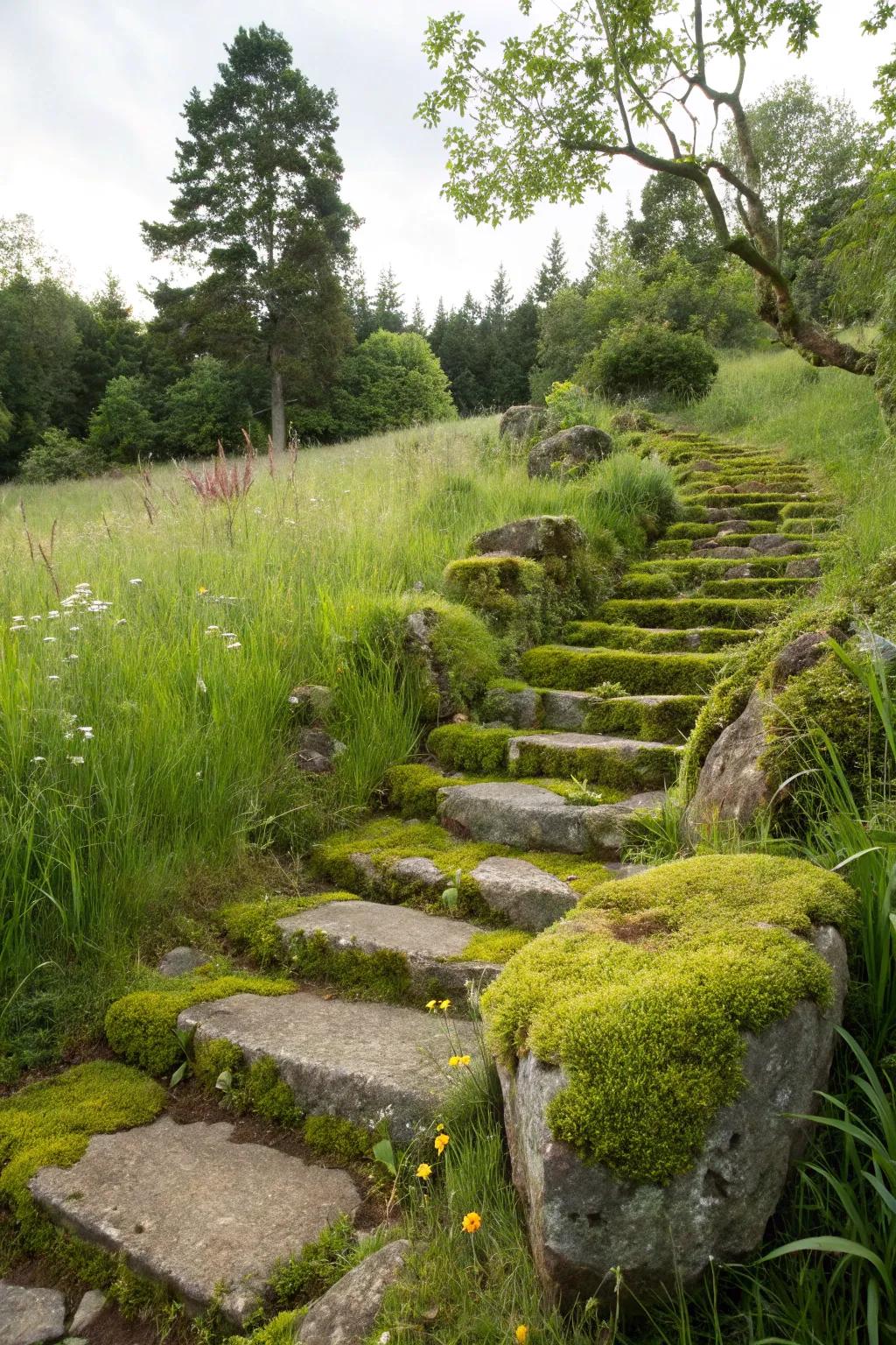 Appealing algae stone steps winding through a lush garden.