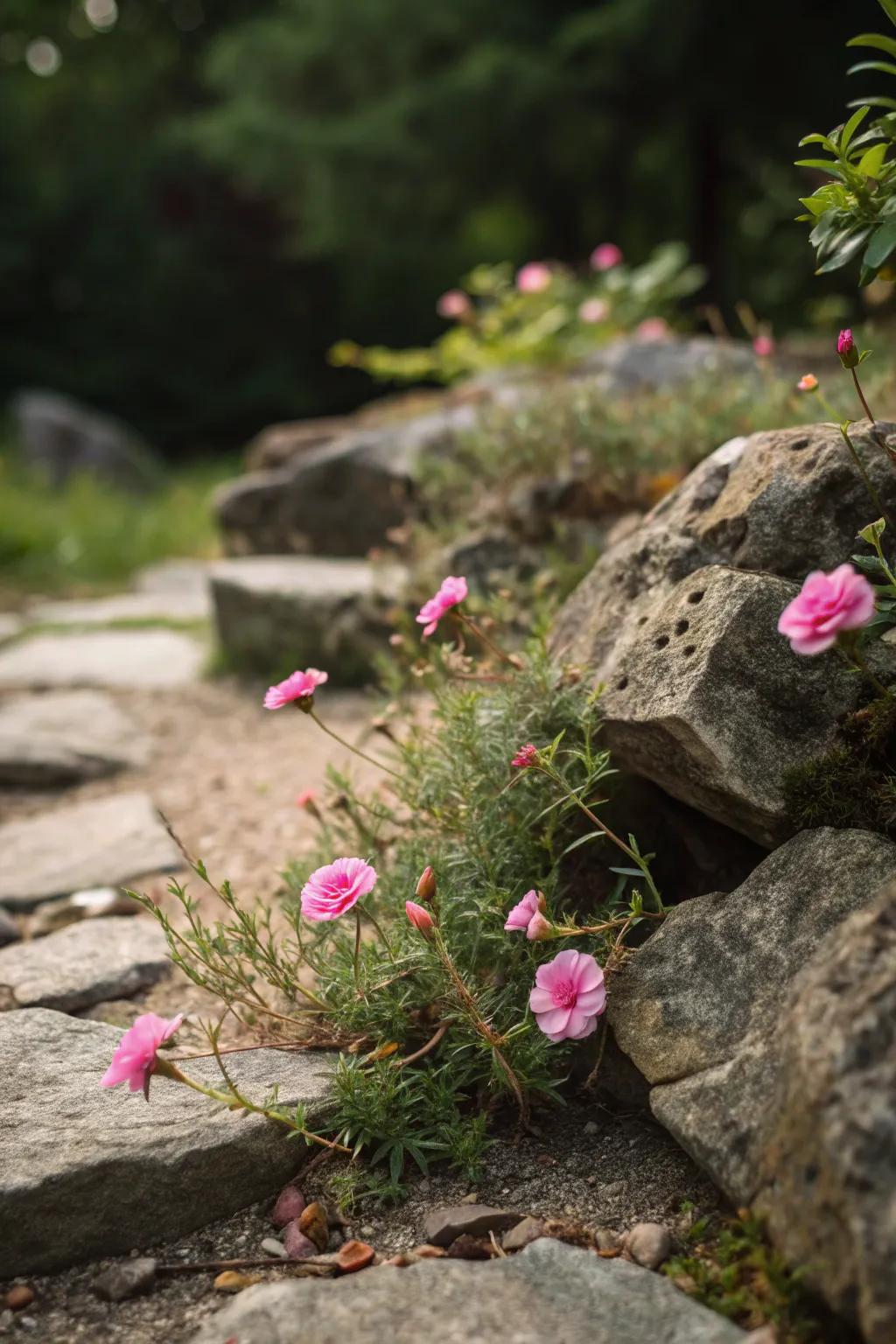 Sun roses tucked between rocks infuse color into a rock garden.