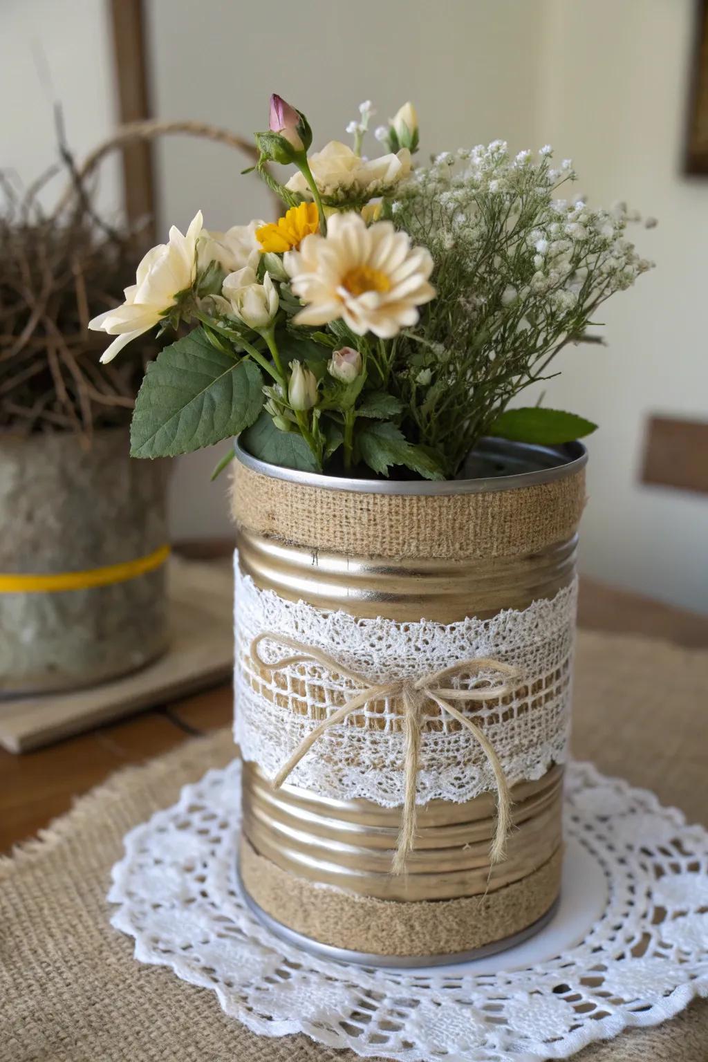 An environmentally conscious flower holder fashioned from a repurposed tin.