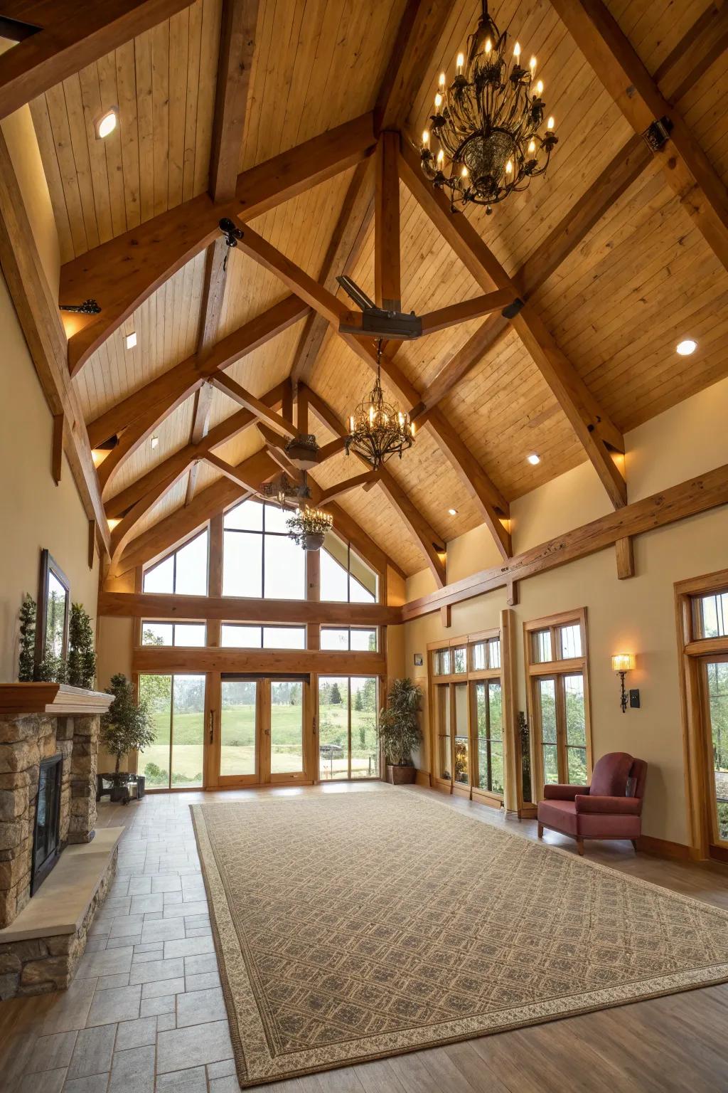 An extensive interior featuring elevated, soaring ceilings and exposed beams.