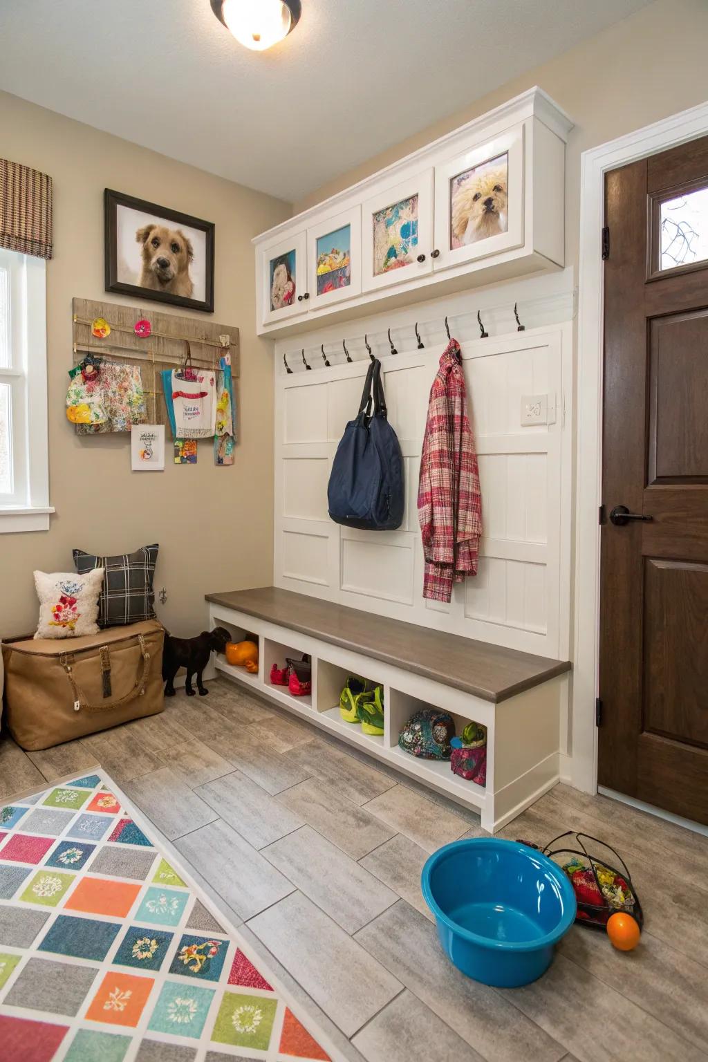 Laminate flooring provides a functional answer for bustling family mudrooms.