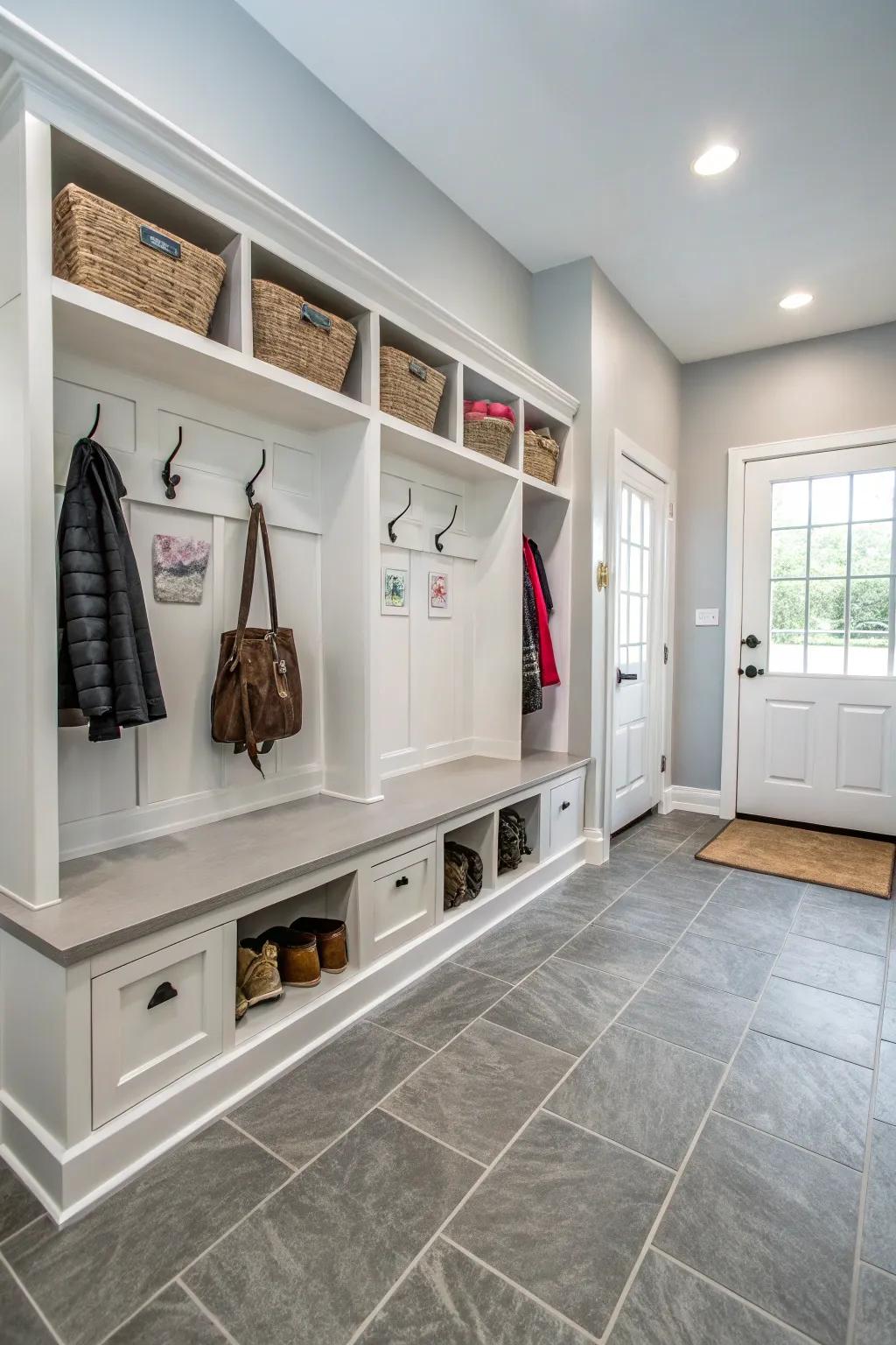 Entryway showcasing resilient tile ground covering with a modern design for practicality and flair.