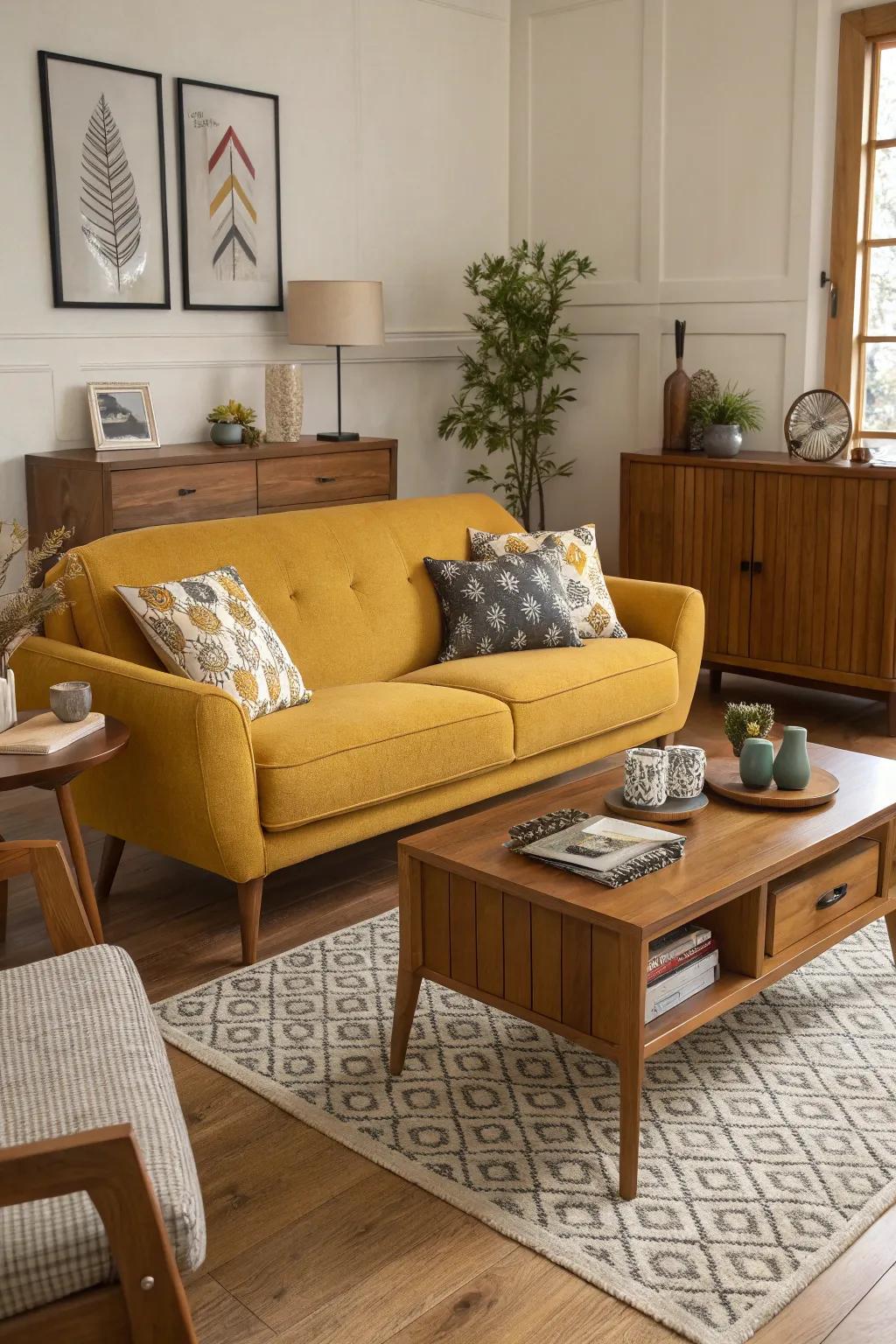 Mid-century modern elements create a timeless appeal.