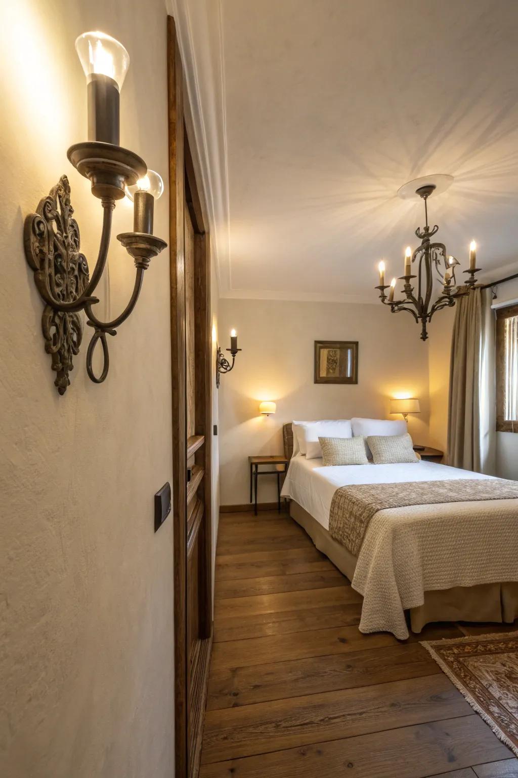 Wall sconces improve lighting while conserving floor space in a slender bedroom.