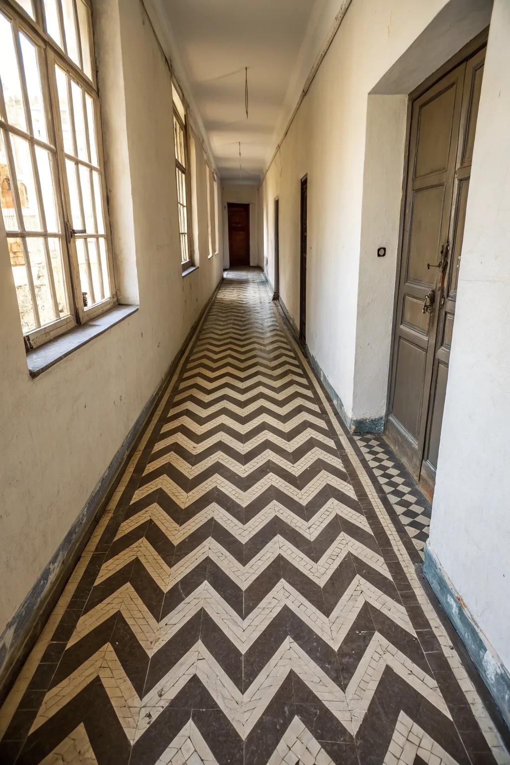 Zigzag arrangements visually expand the length of a slender hallway.